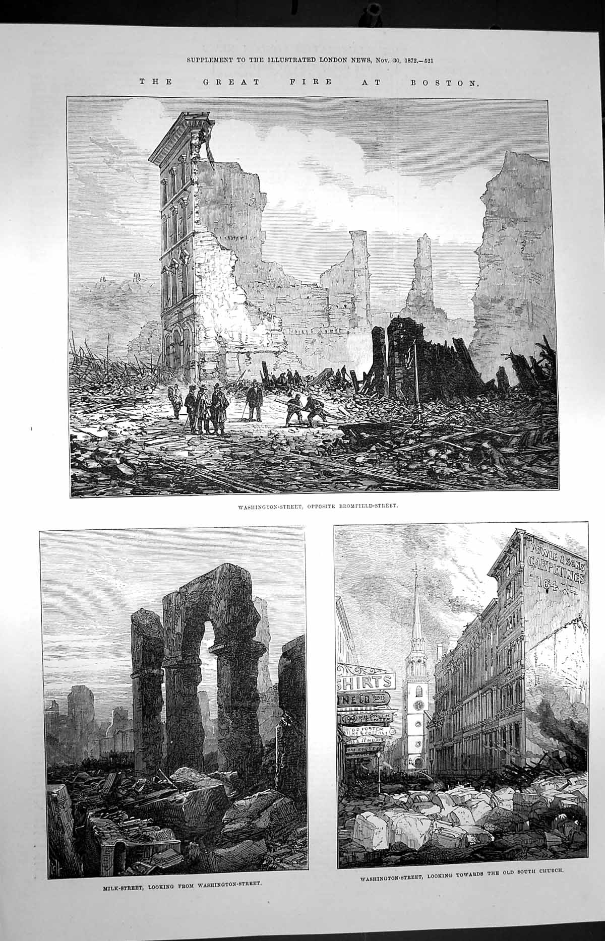 Original Old Antique Print 1872 Fire Boston Washington Street South Church 19th