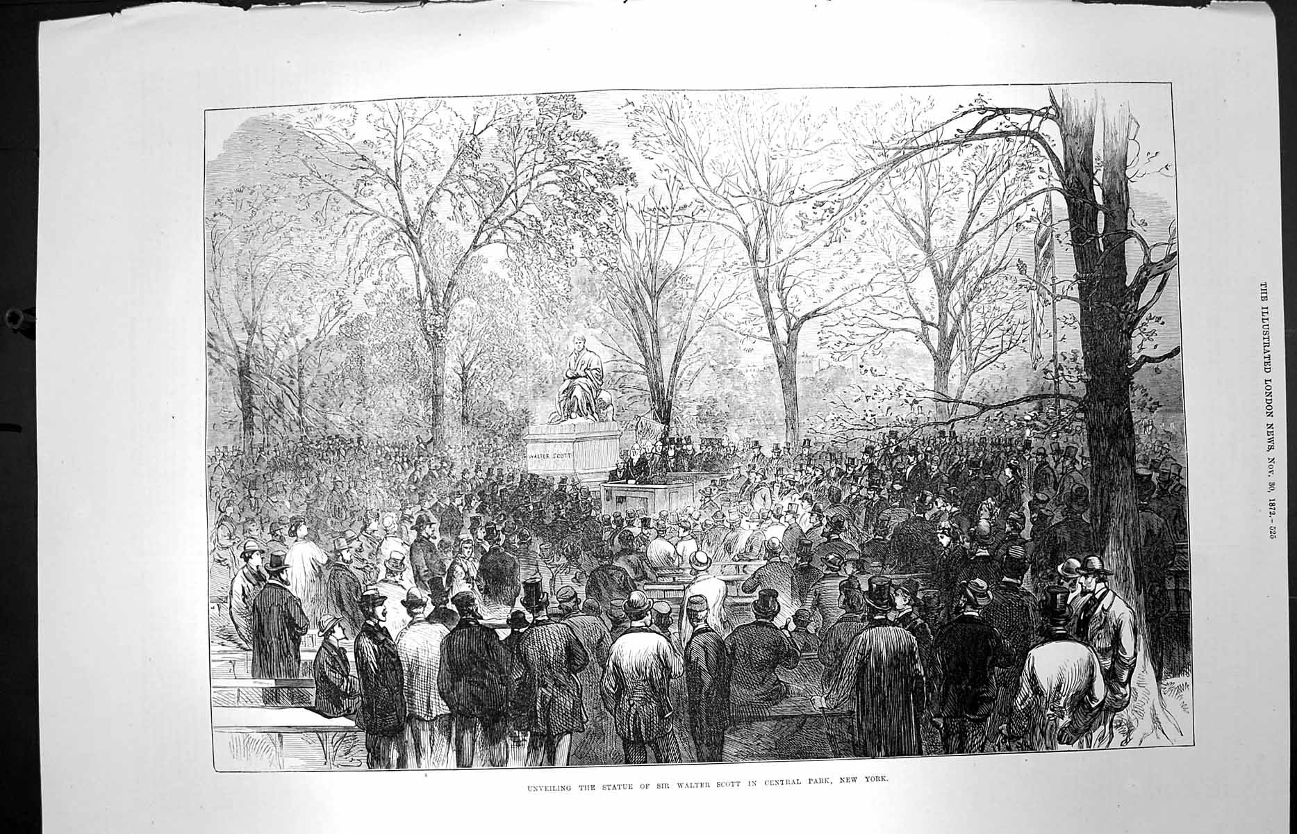 Original Old Antique Print 1872 Statue Sir Walter Scott Central Park New York