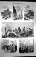 Original Old Antique Print 1872 Fire Boston Pearl Street State Summer America