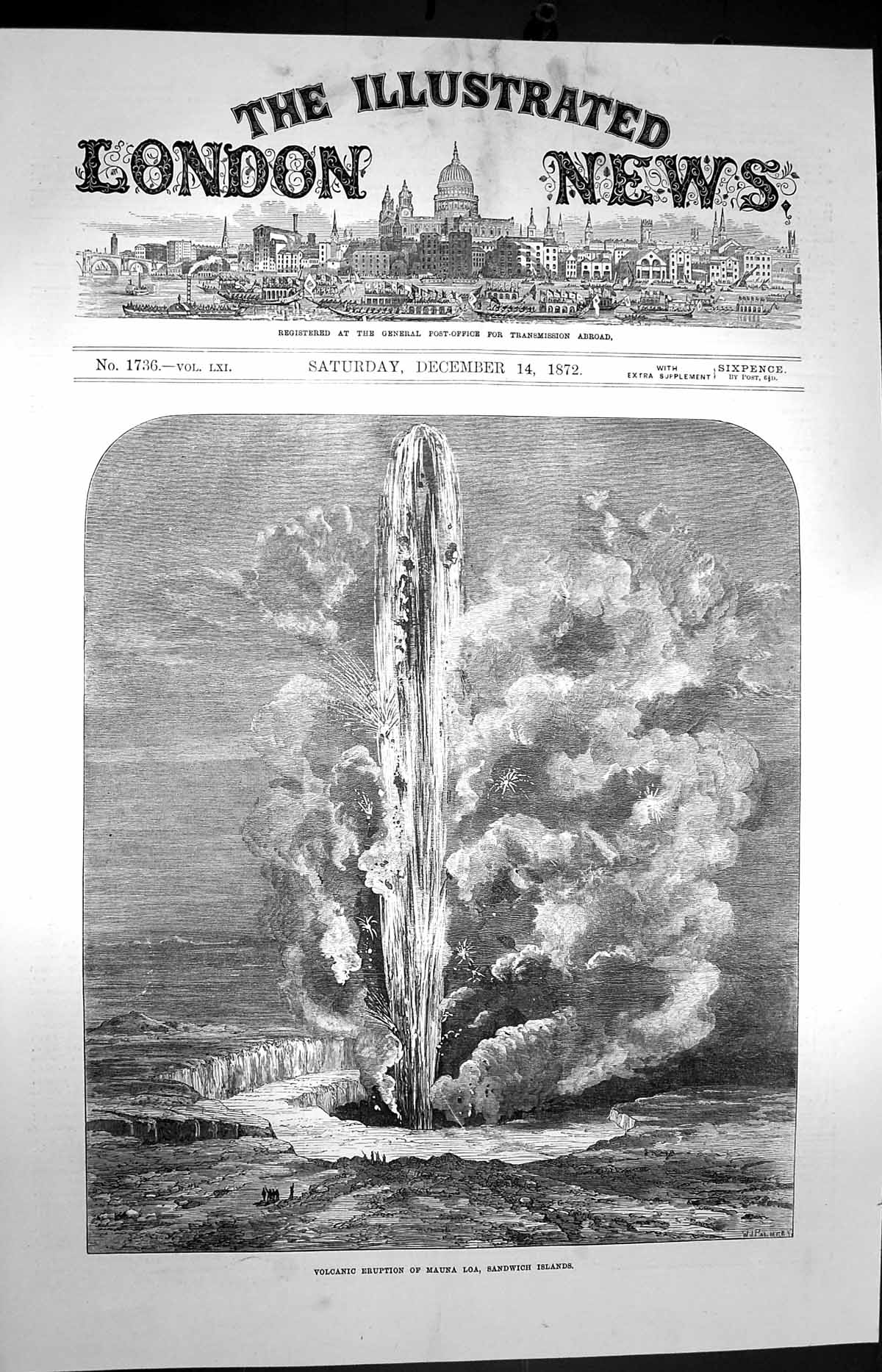 Original Old Antique Print 1872 Volcano Eruption Mauna Loa Mountain Sandwich