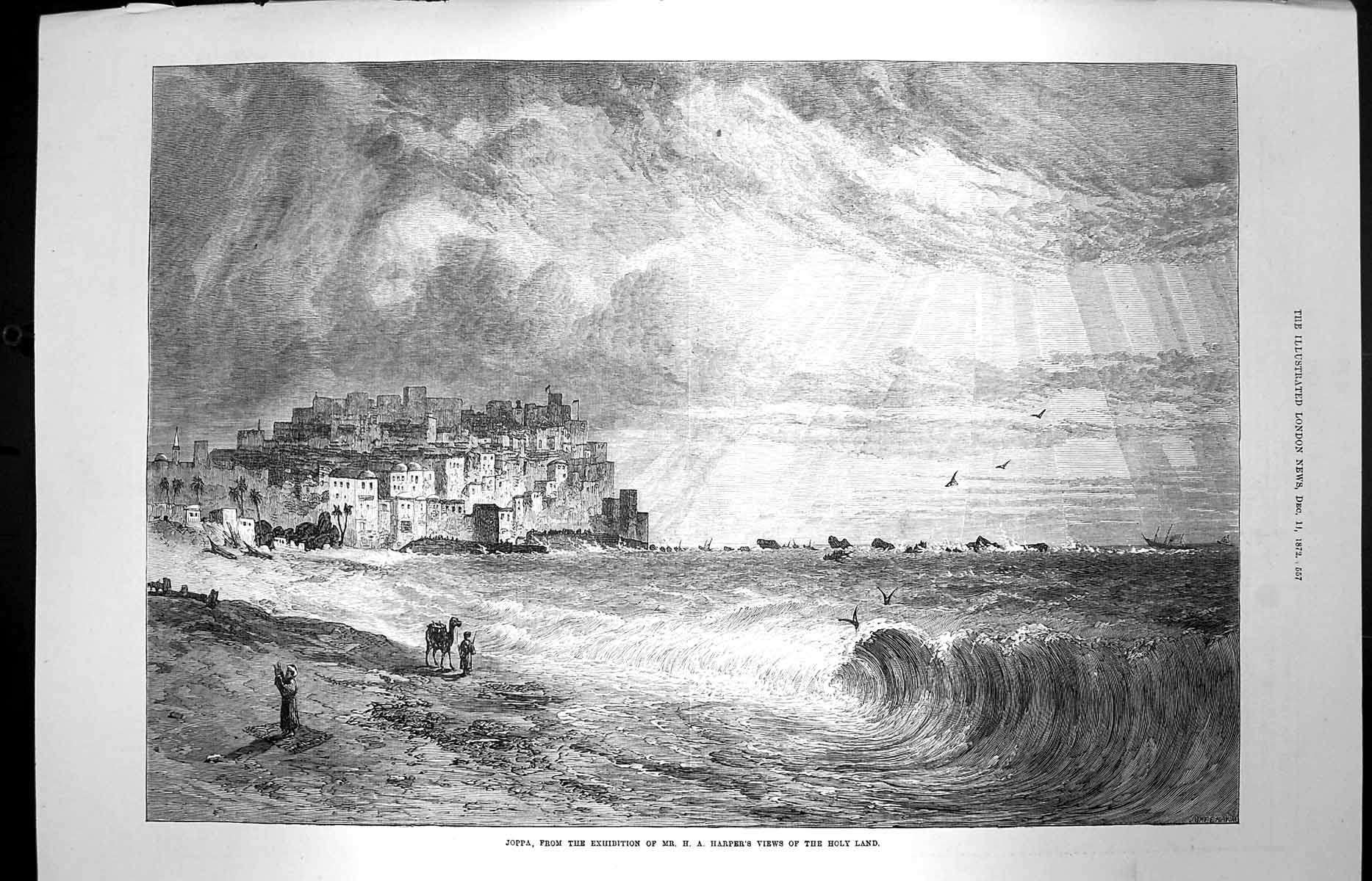 Original Old Antique Print 1872 View Joppa Architecture Stormy Sea Camel Beach