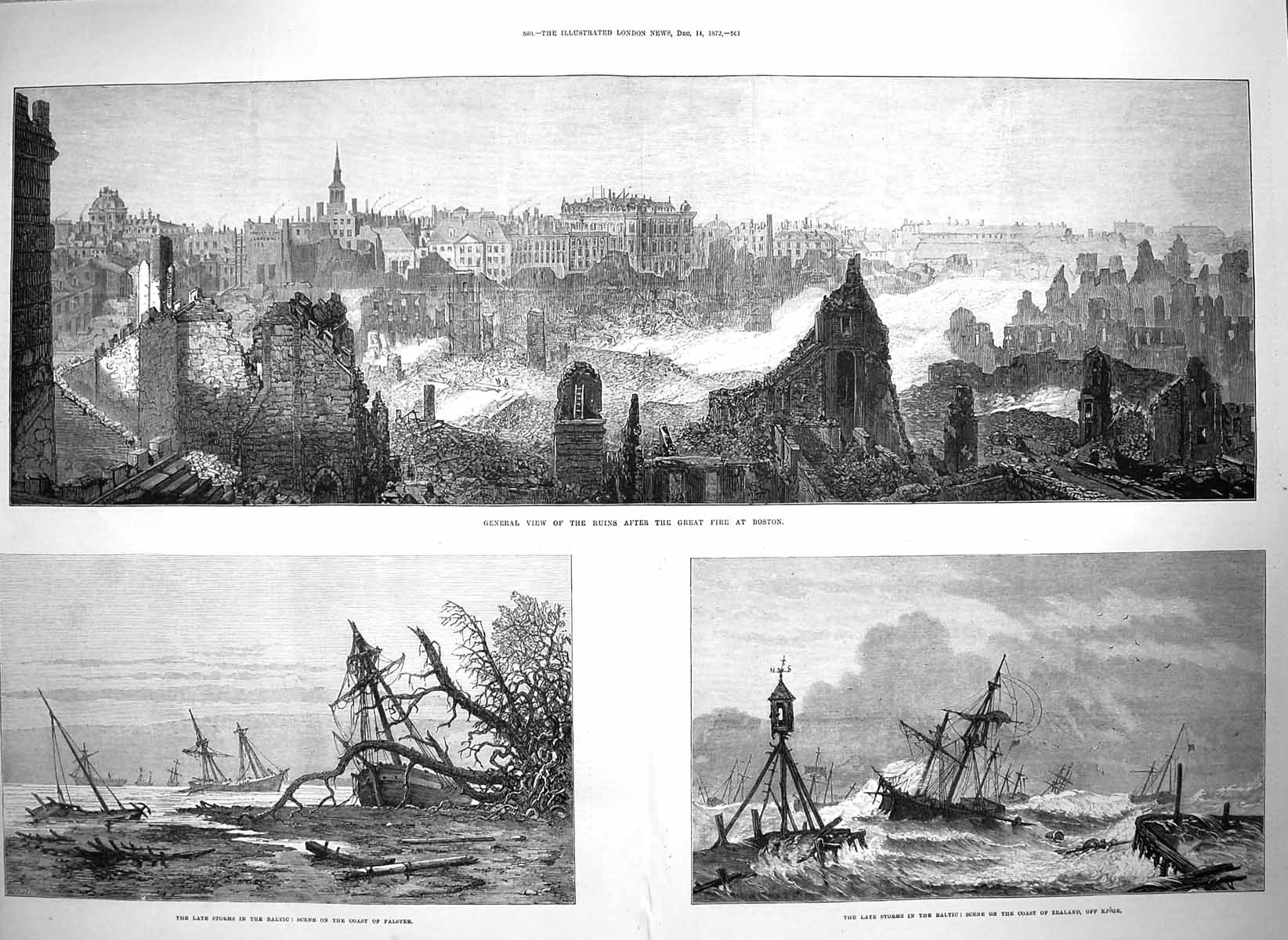 Old Antique Print 1872 View Ruins Great Fire Boston Baltic Ships Zealand 19th