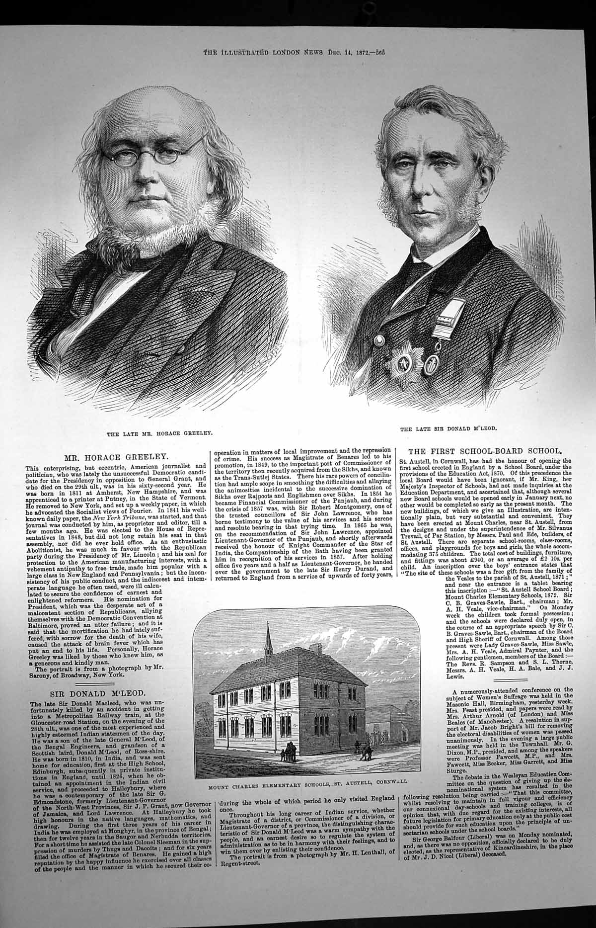 Old Antique Print 1872 Horace Greeley Donald M'Leod Mount Charles School 19th