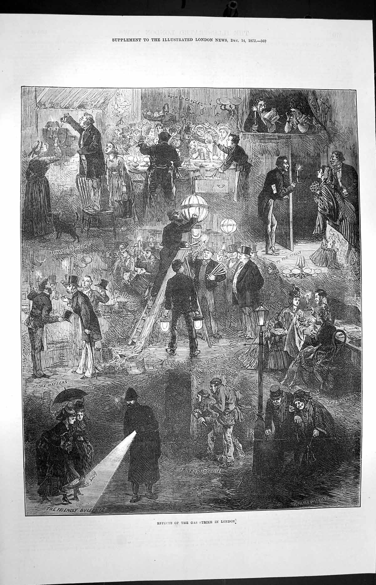 Original Old Antique Print 1872 Scene Effects Gas Strike London Fine Art 19th