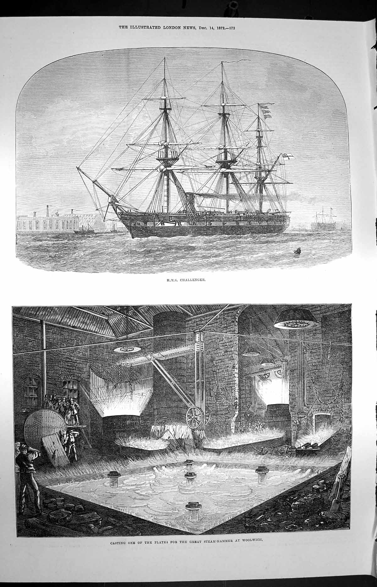 Original Old Antique Print 1872 Ship Challenger Casting Steam Hammer Woolwich