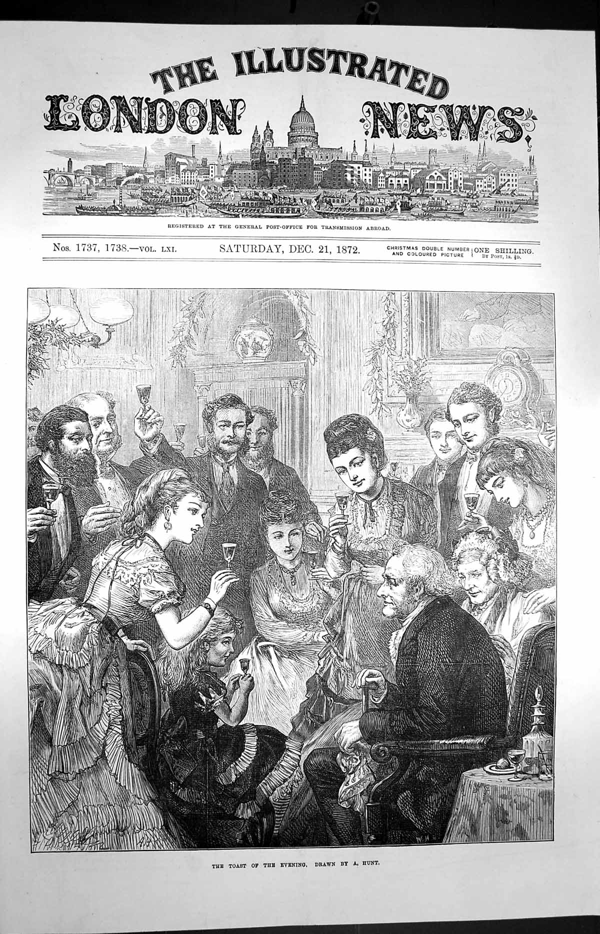 Old Antique Print 1872 Christmas Scene Evening Toast Family Glasses Hunt 19th