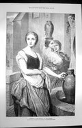 Original Old Antique Print 1872 Scene Margaret Water Fountain Lady Scheffer