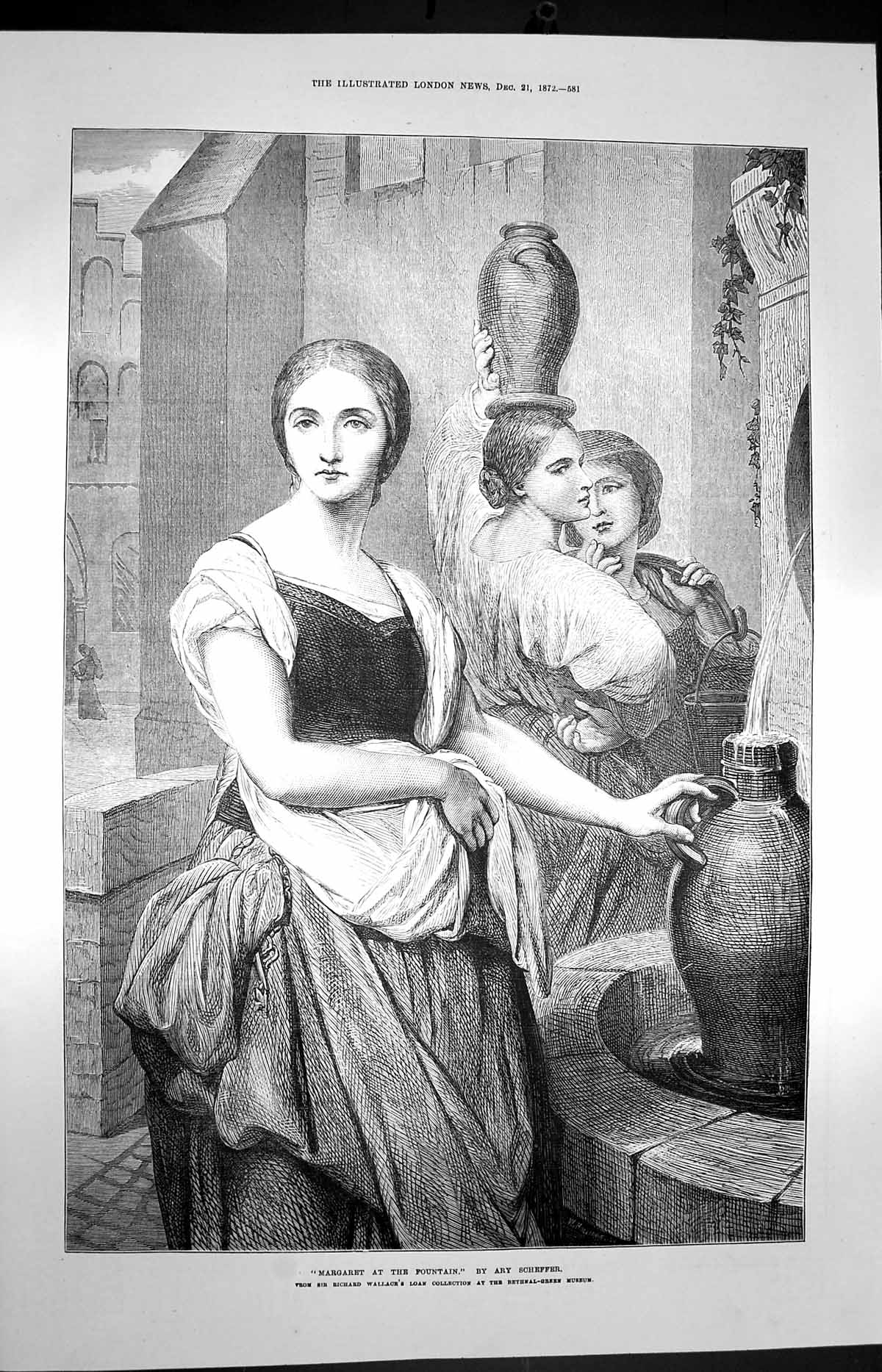 Original Old Antique Print 1872 Scene Margaret Water Fountain Lady Scheffer
