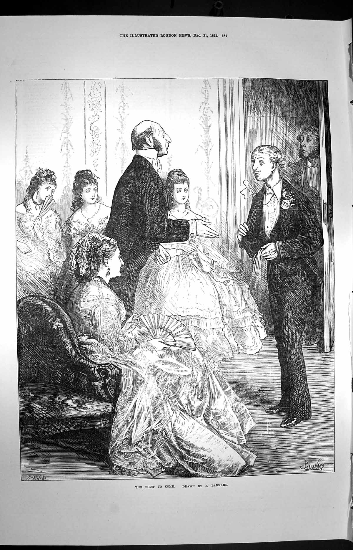 Old Antique Print 1872 Party Scene First To Come Dancing Romance Barnard 19th