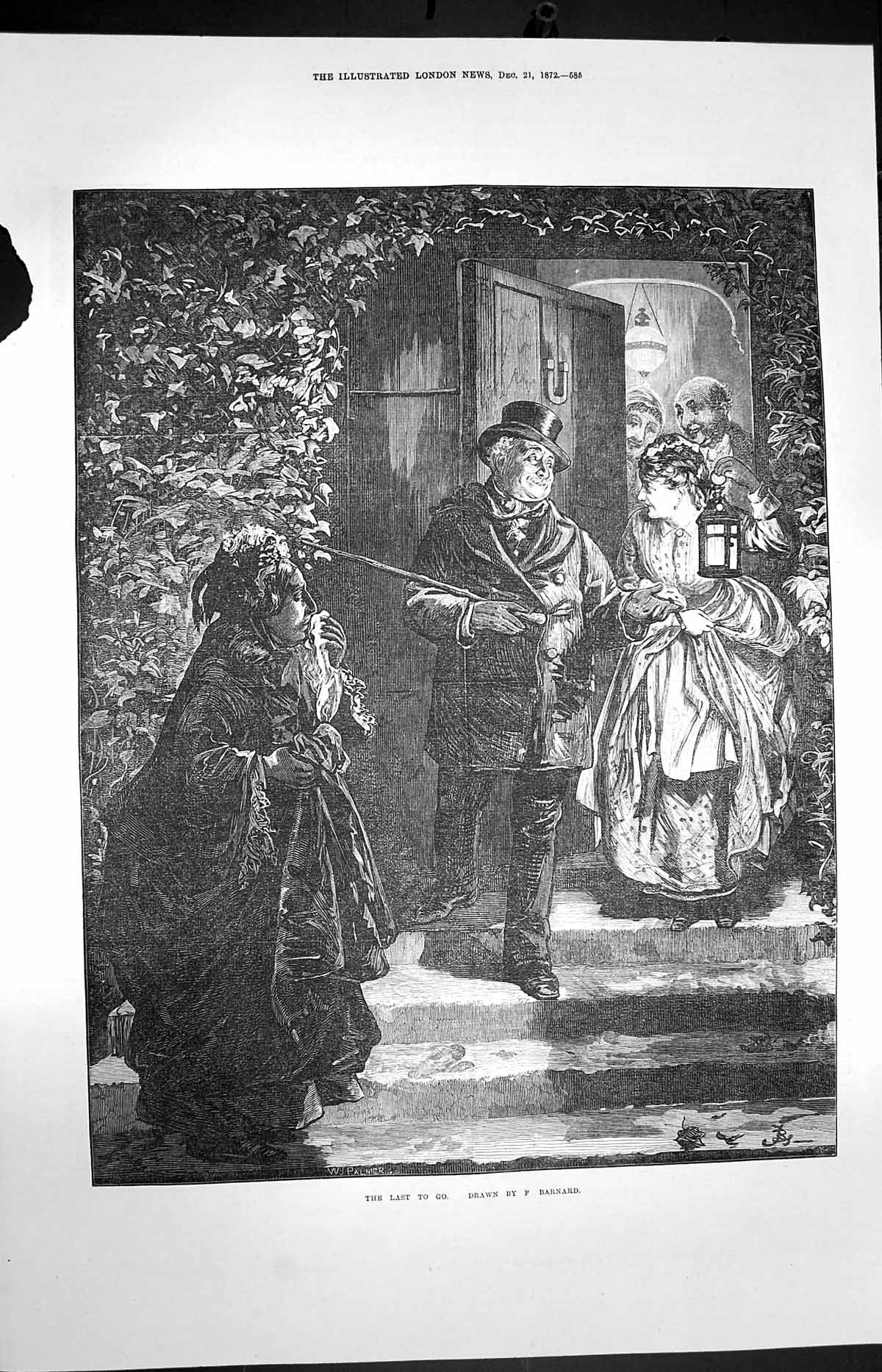 Original Old Antique Print 1872 Family Home Last Guest Doorstep House Barnard