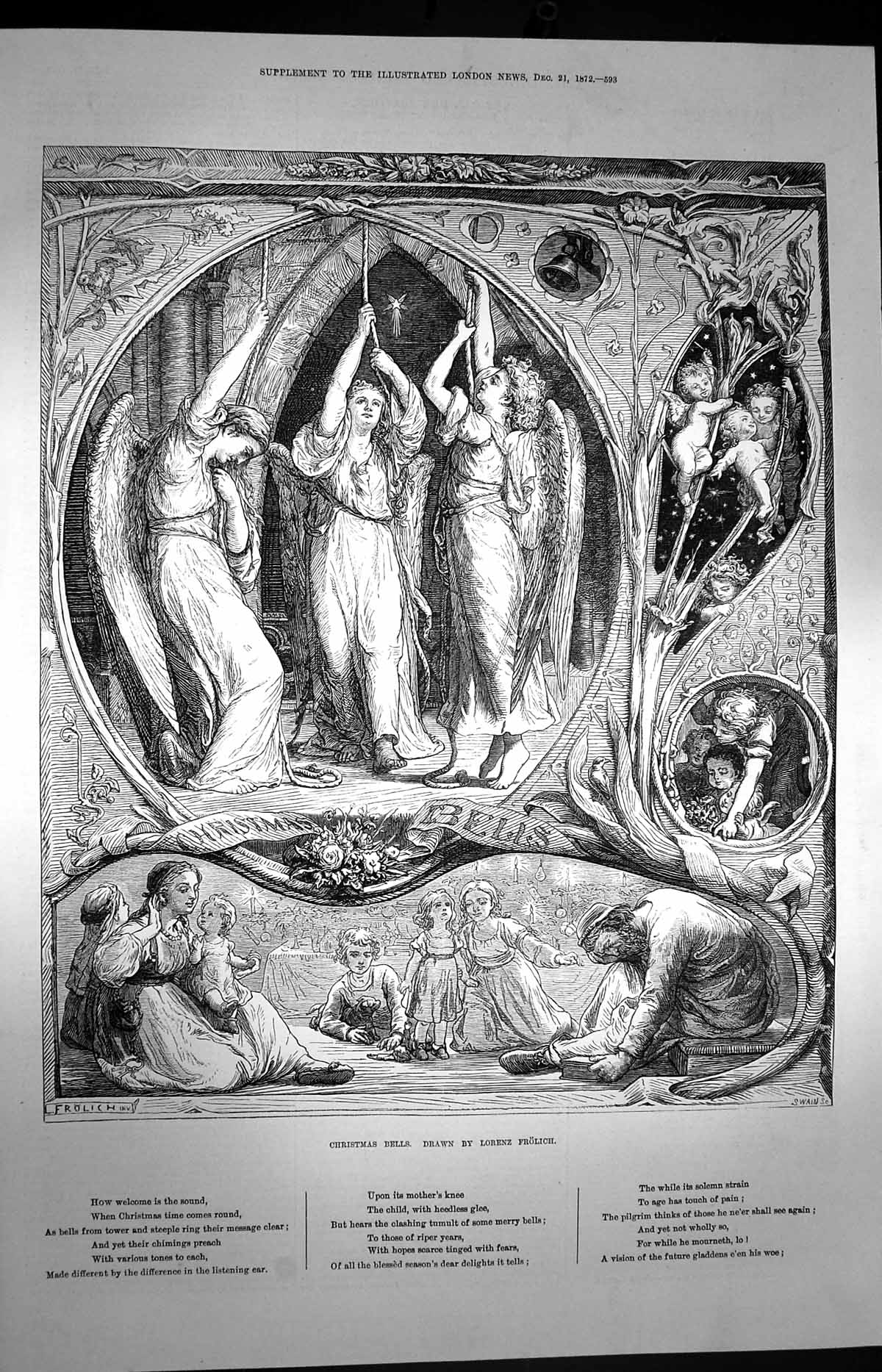 Original Old Antique Print 1872 Christmas Bells Angels Children Lorenz Frolich