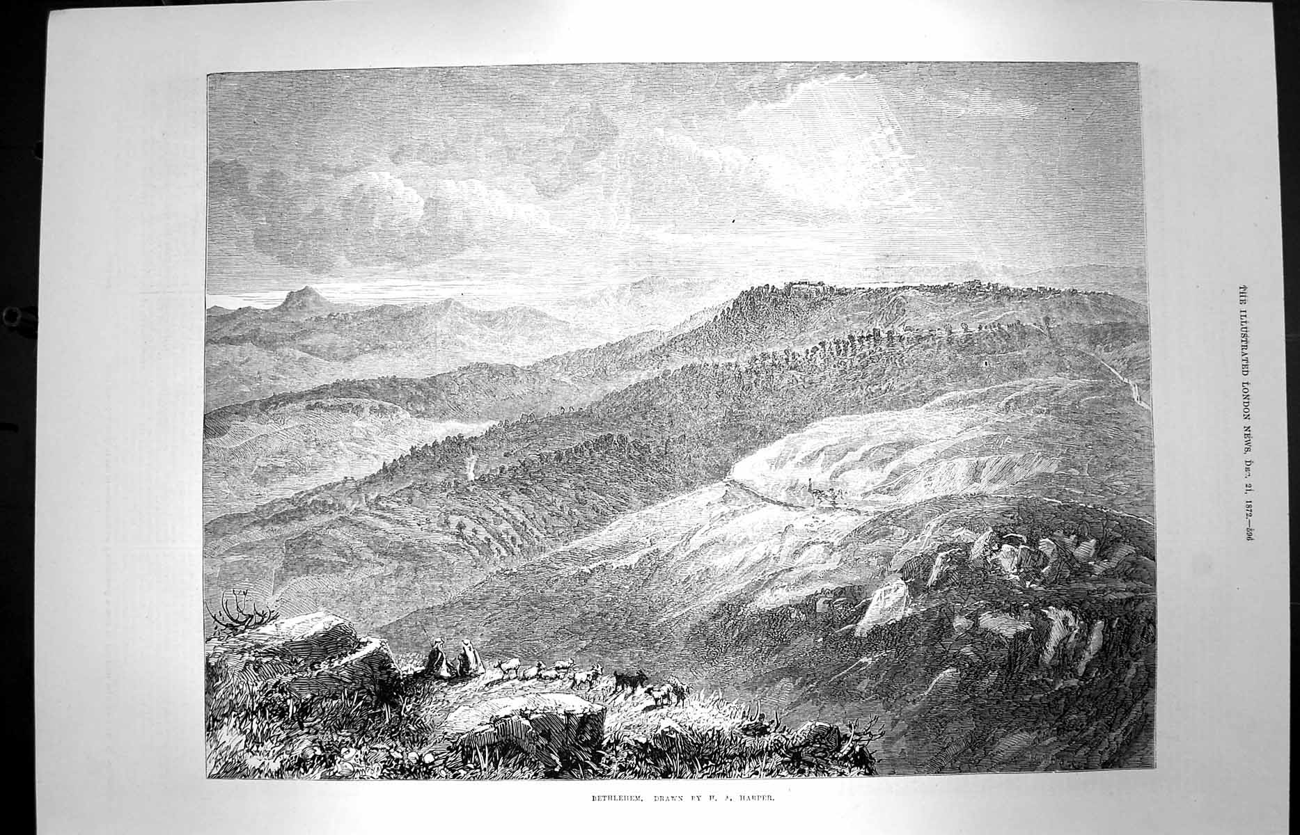 Original Old Antique Print 1872 View Bethlehem Mountains Shepherds Flock Sheep