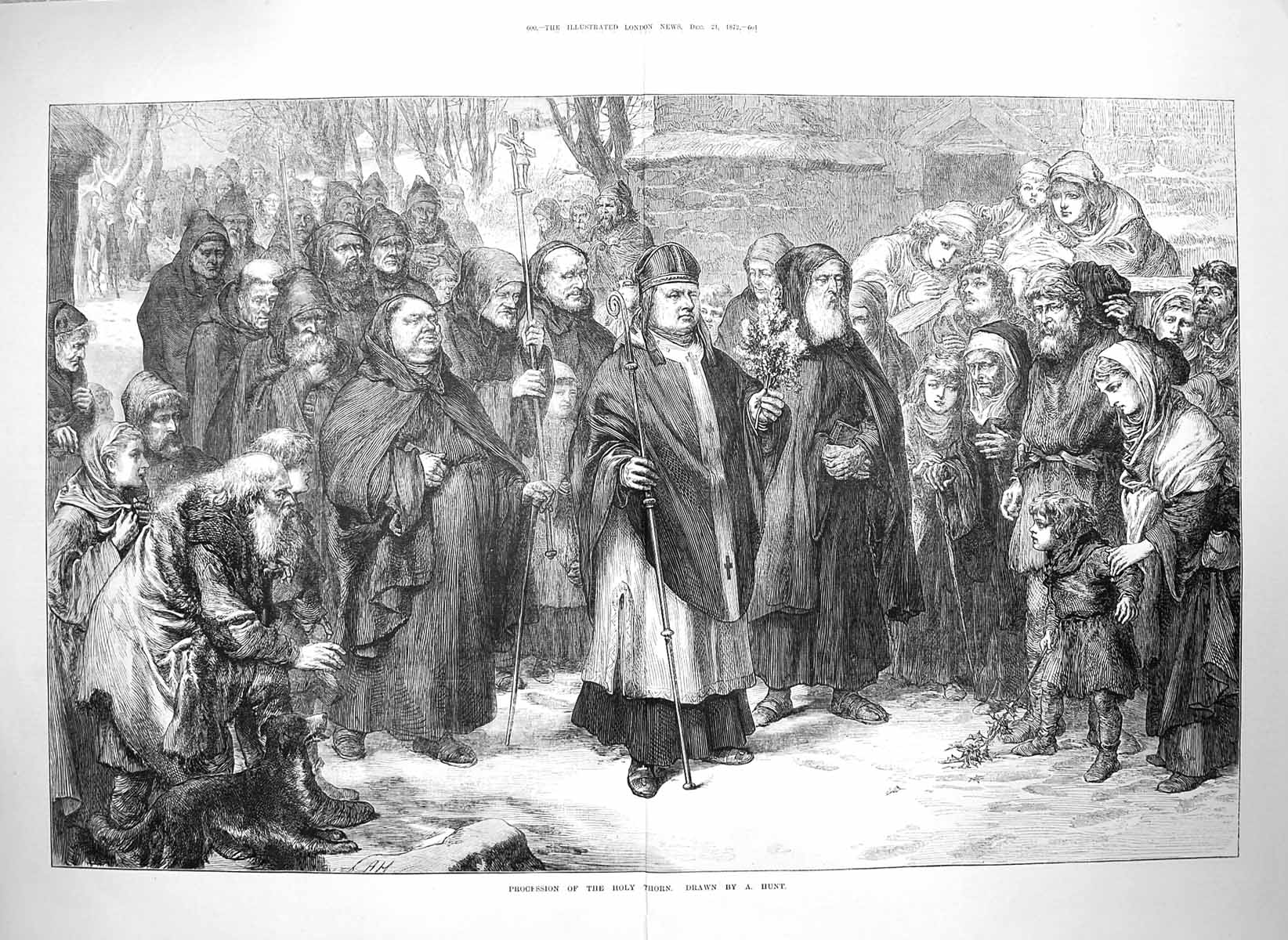 Original Old Antique Print 1872 Procession Holy Thorn Monks Religion Fine Art