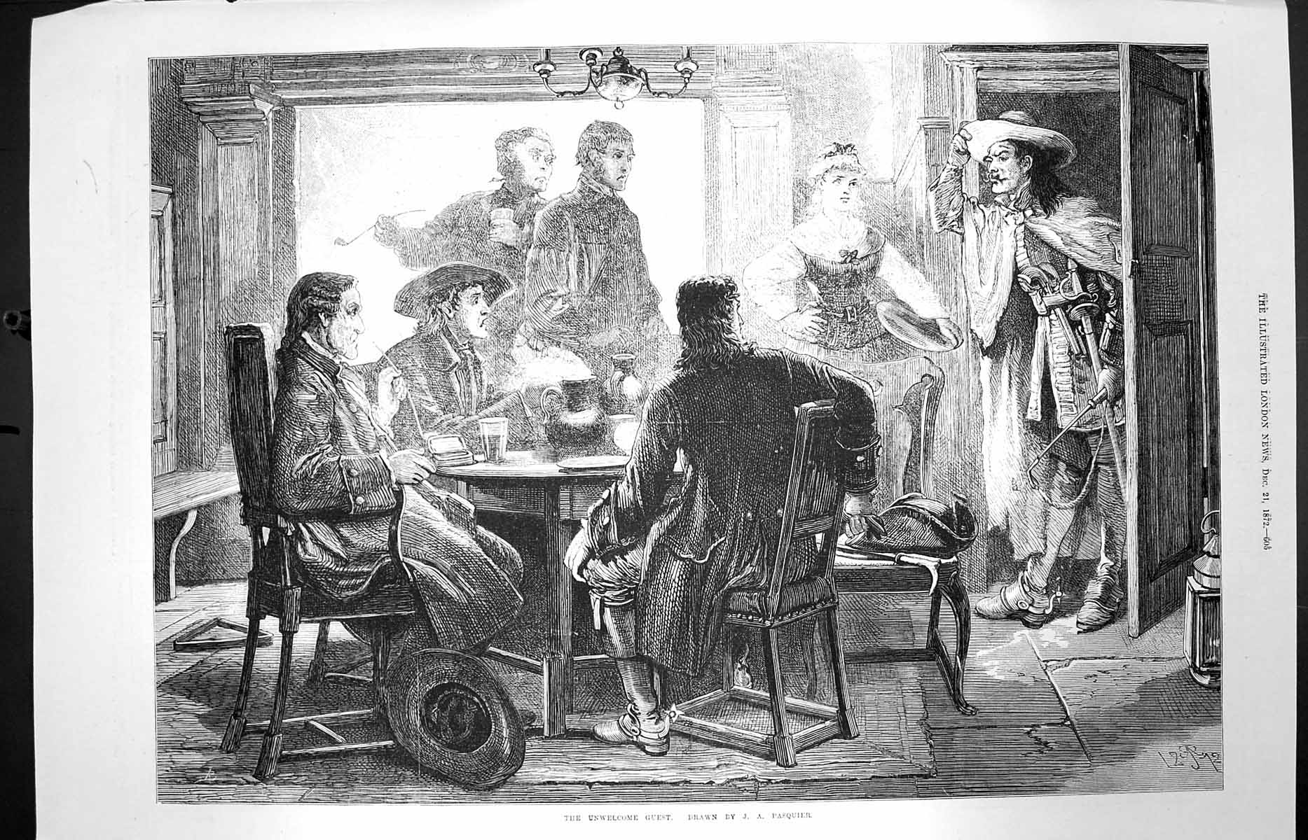 Original Old Antique Print 1872 Scene Unwelcome Guest Man Family Home Victorian
