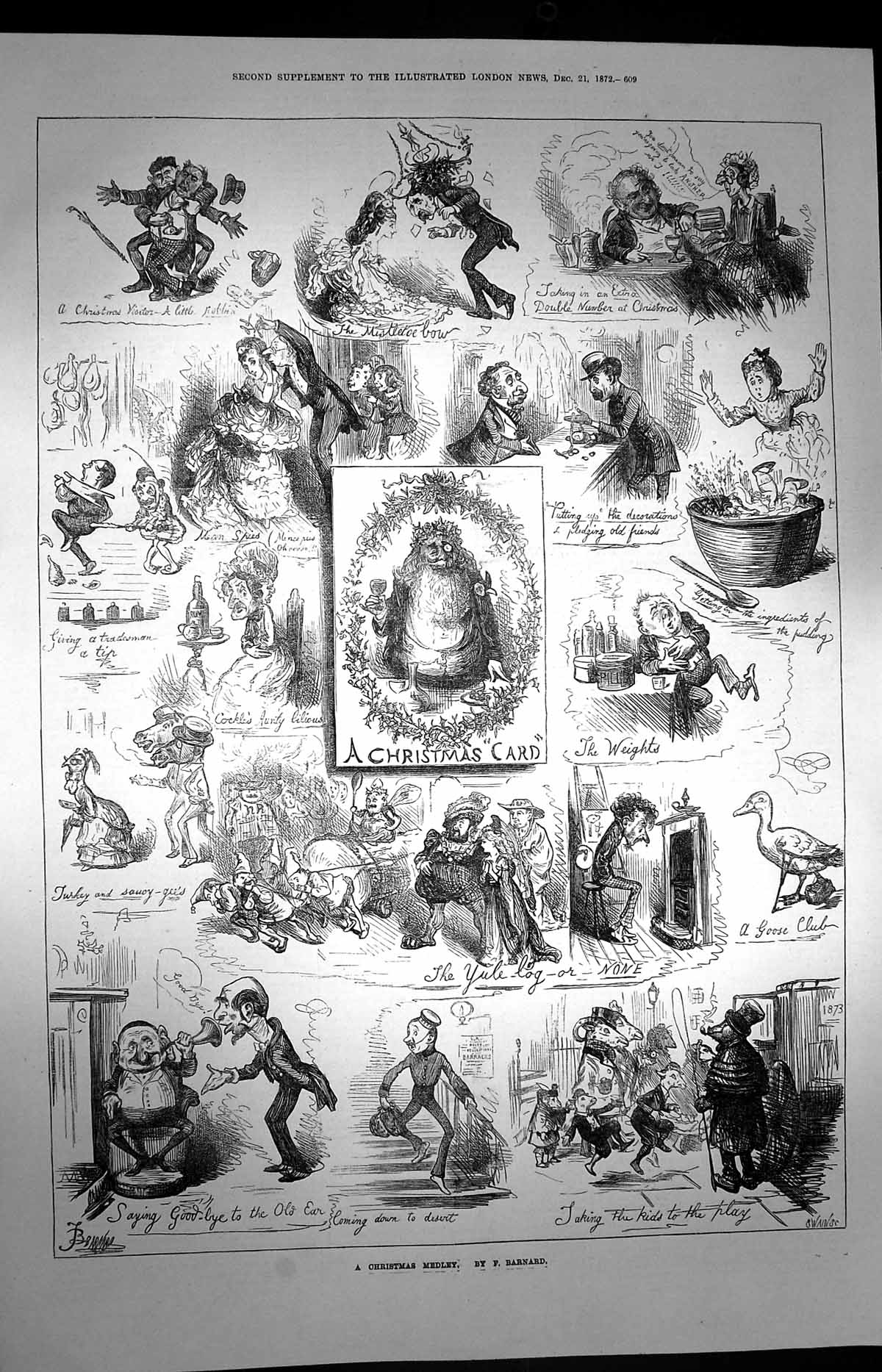 Original Old Antique Print 1872 Christmas Medley Card Characters Comedy 19th