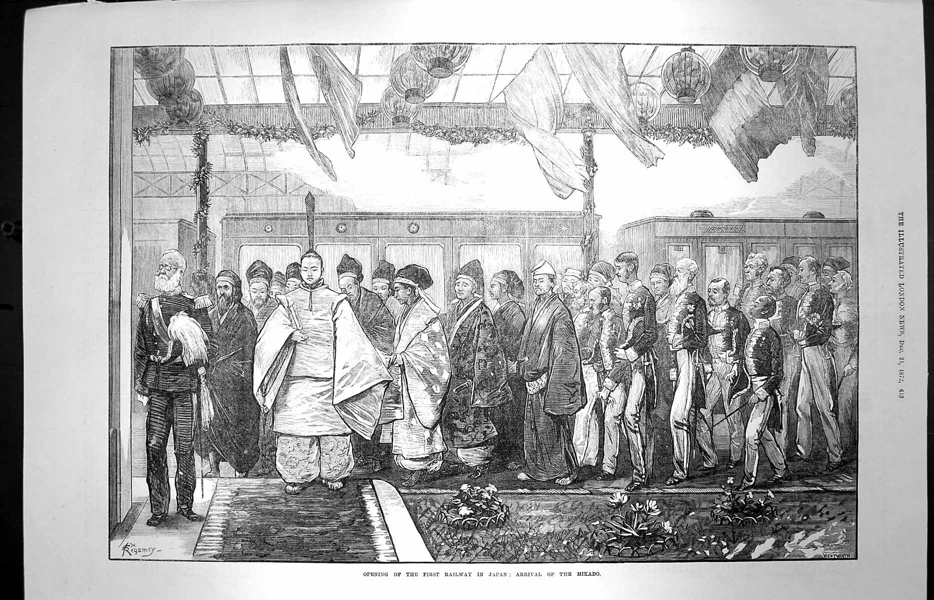 Original Old Antique Print 1872 Opening Railway Japan Arrival Scene Victorian