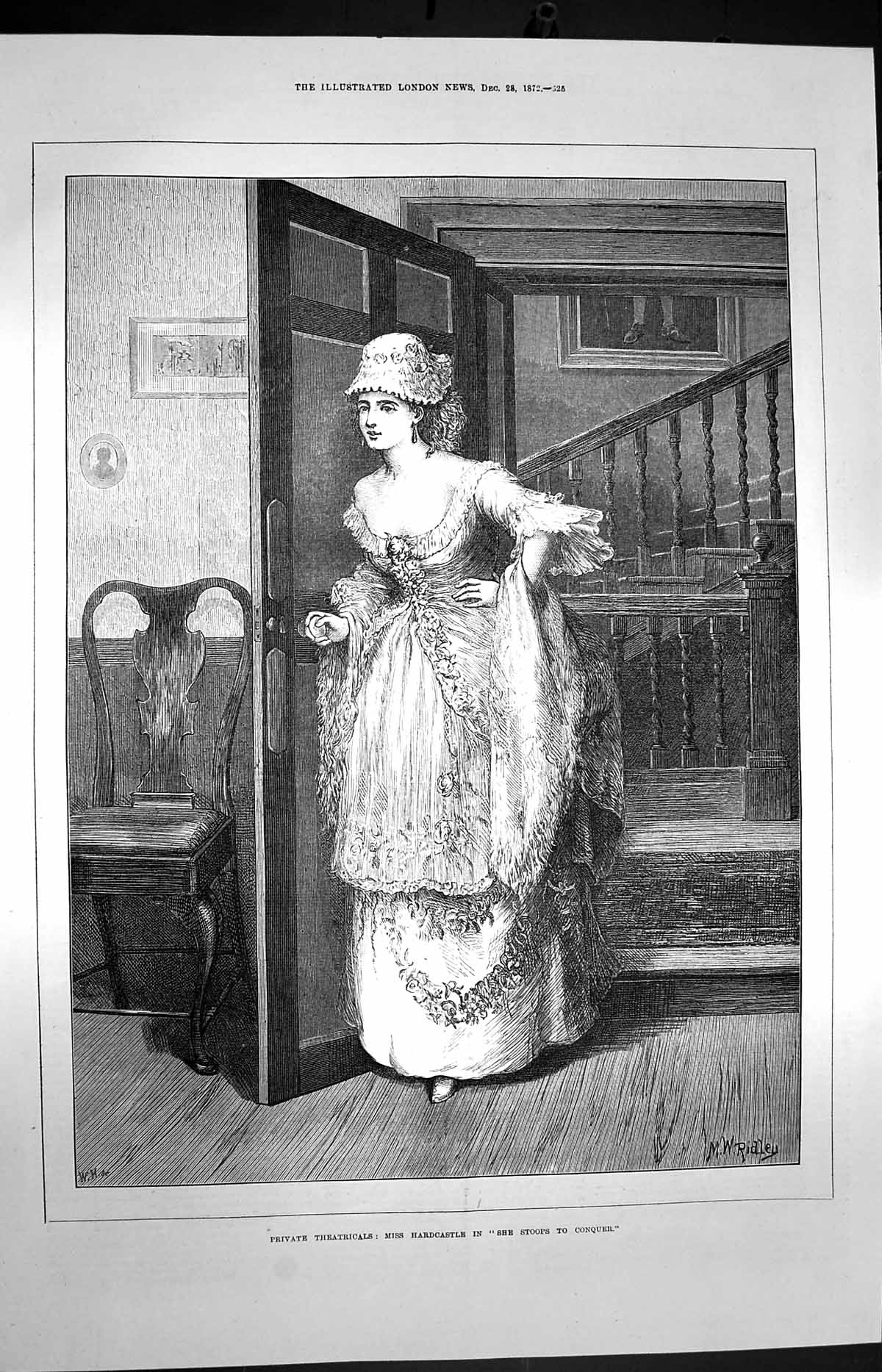 Old Antique Print 1872 Private Theatricals Miss Hardcastle Stoops Conquer 19th