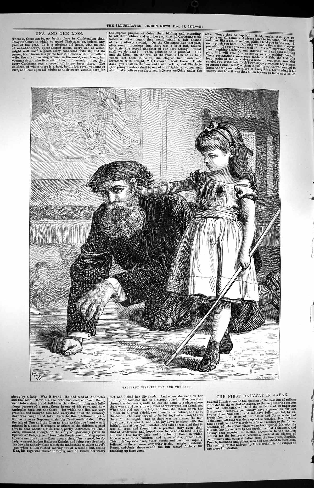 Original Old Antique Print 1872 Tableaux Vivants Una Lion Little Girl Man 19th