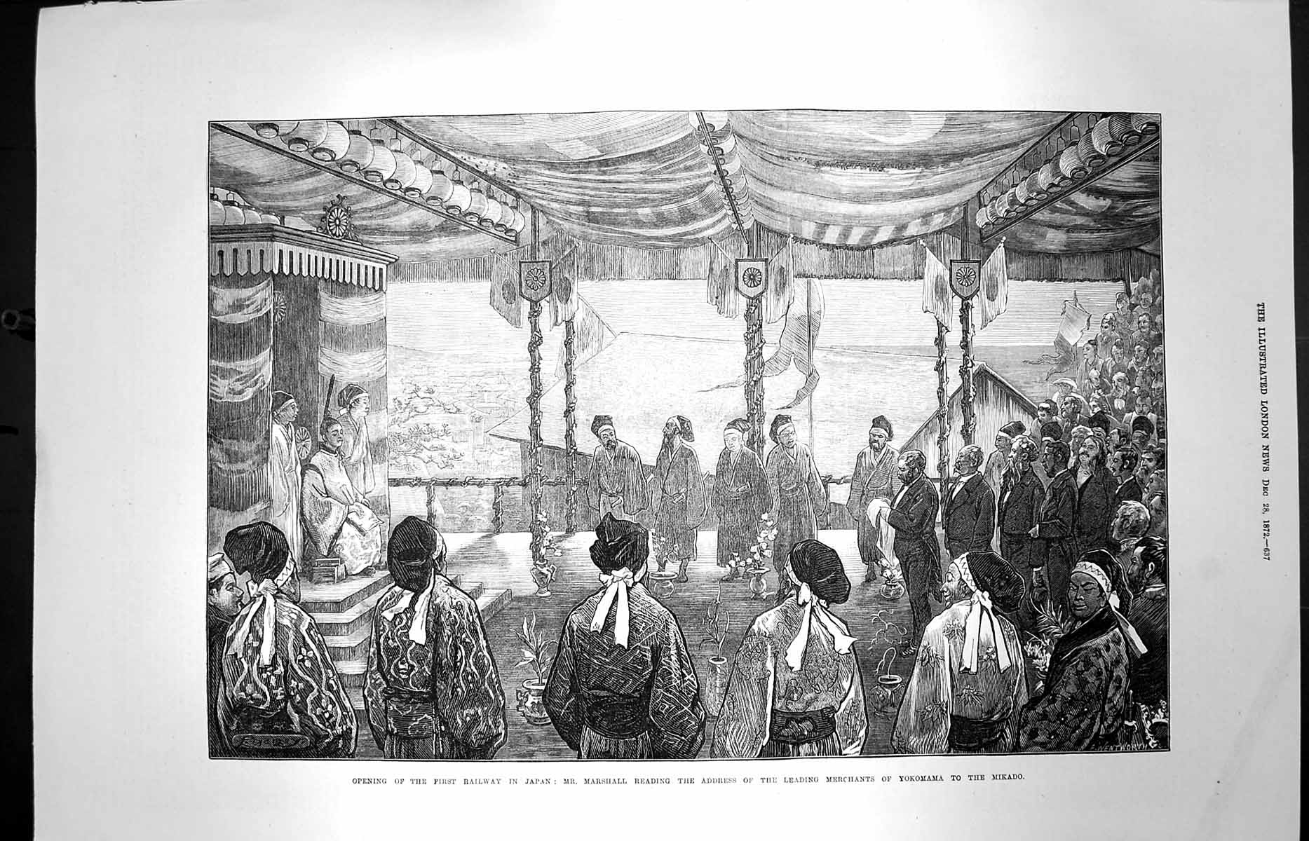 Original Old Antique Print 1872 Railway Japan Marshall Merchants Yokomama 19th