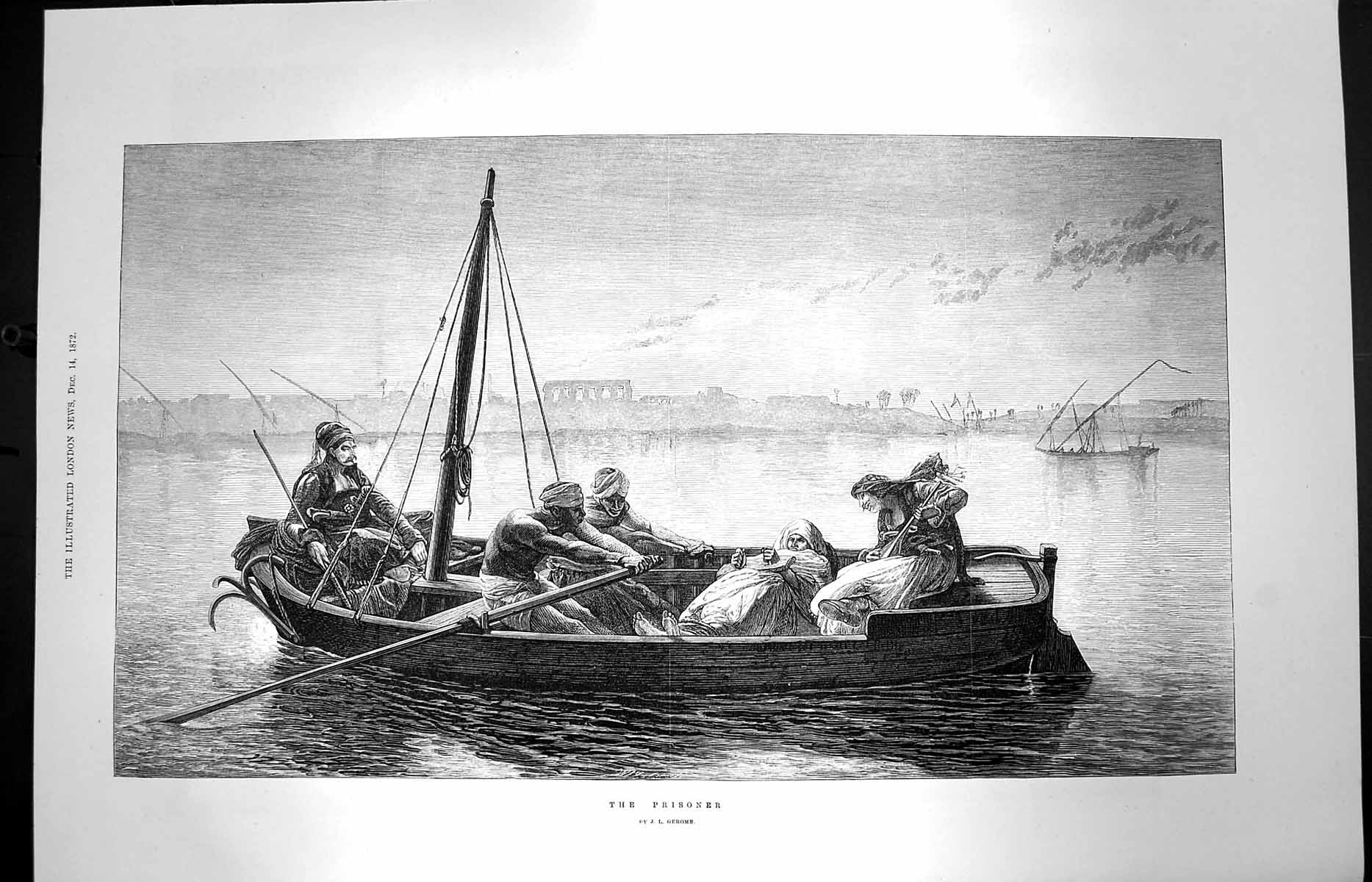 Original Old Antique Print 1872 Prisoner River Boat Natives Gerome Fine Art
