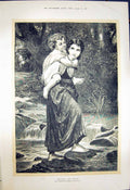 Original Old Antique Print 1872 Fine Art Young Girls Crossing Brook River 19th