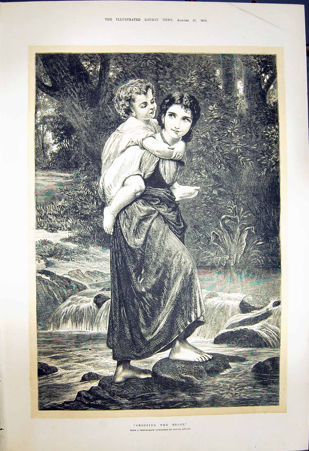 Original Old Antique Print 1872 Fine Art Young Girls Crossing Brook River 19th