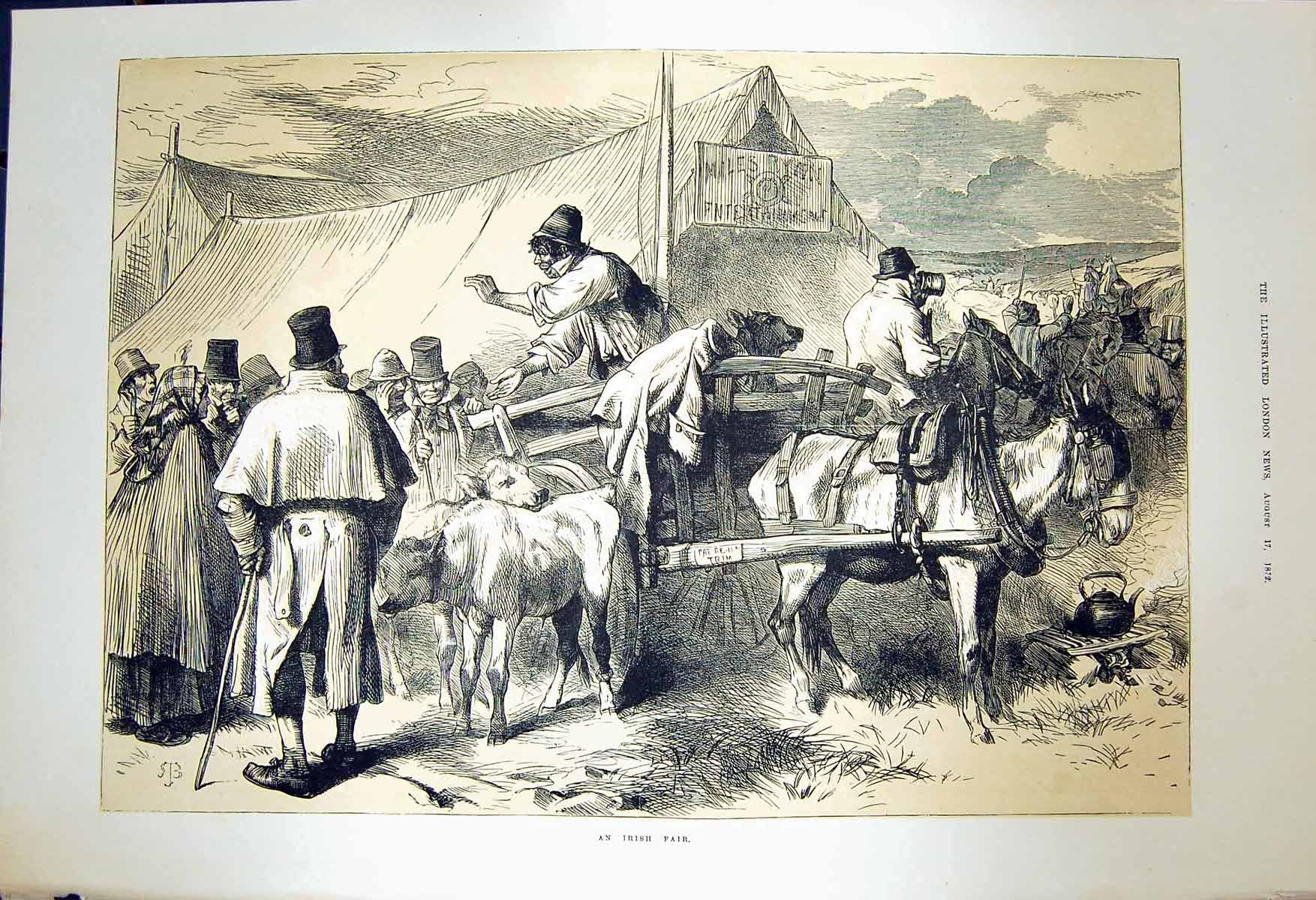 Original Old Antique Print 1872 Scene Irish Fair Ireland Animals Donkey Cart