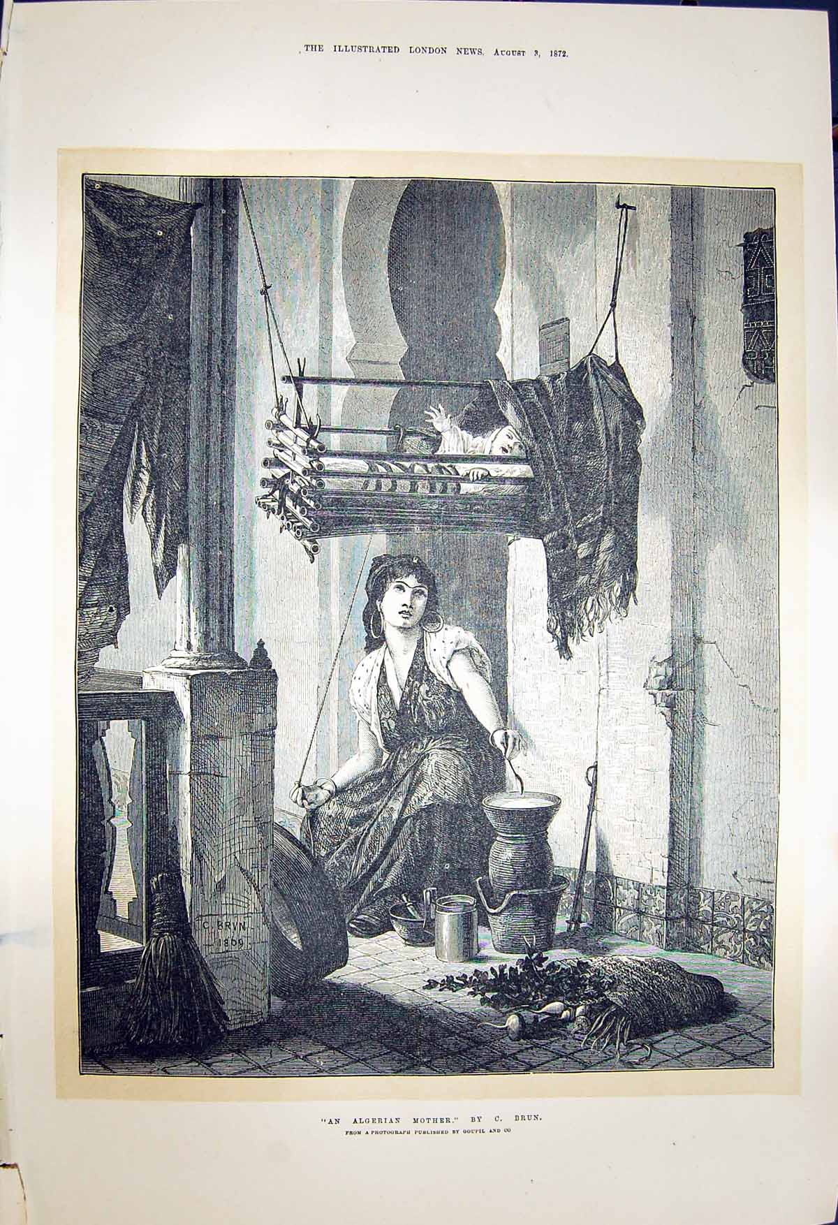 Original Old Antique Print 1872 Portrait Algerian Mother Brun Fine Art 19th