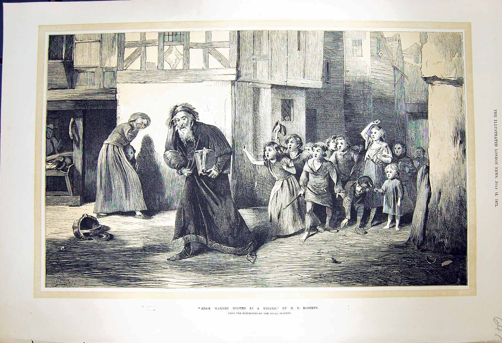 Old Antique Print 1872 Scene Adam Warner Hooted Wizard Children Roberts 19th