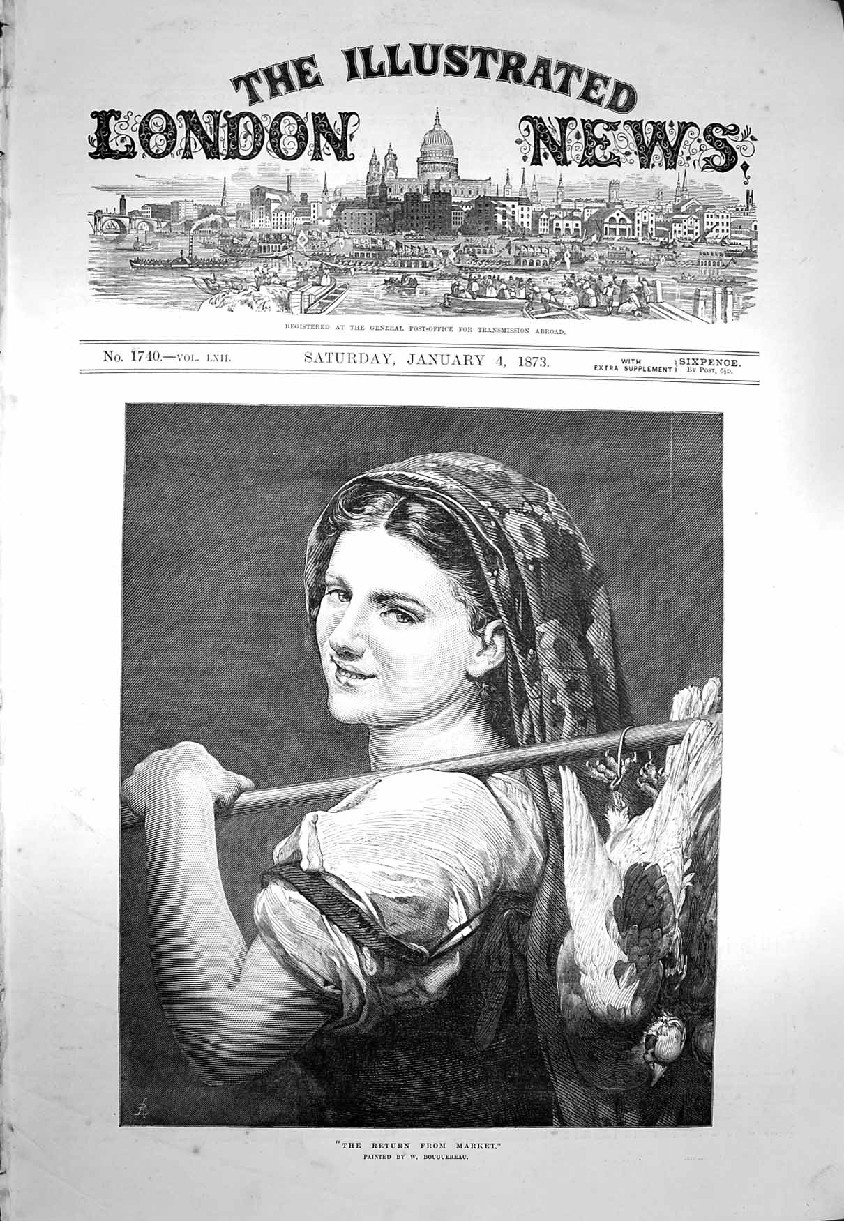 Original Old Antique Print 1873 Portrait Girl Returning Market Dead Birds 19th