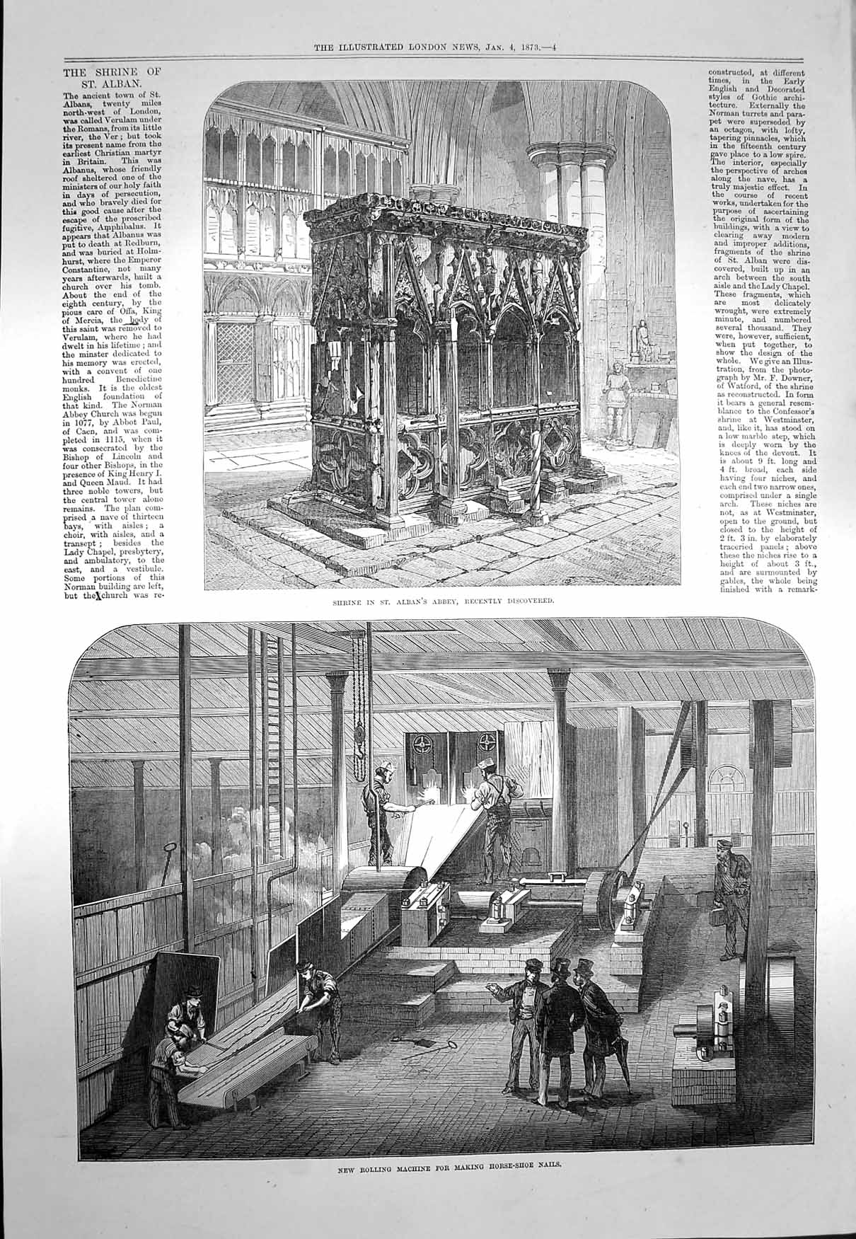 Antique Old Print *3986 1873 Shrine Alban'S Abbey Rolling Machine Horse-Shoe