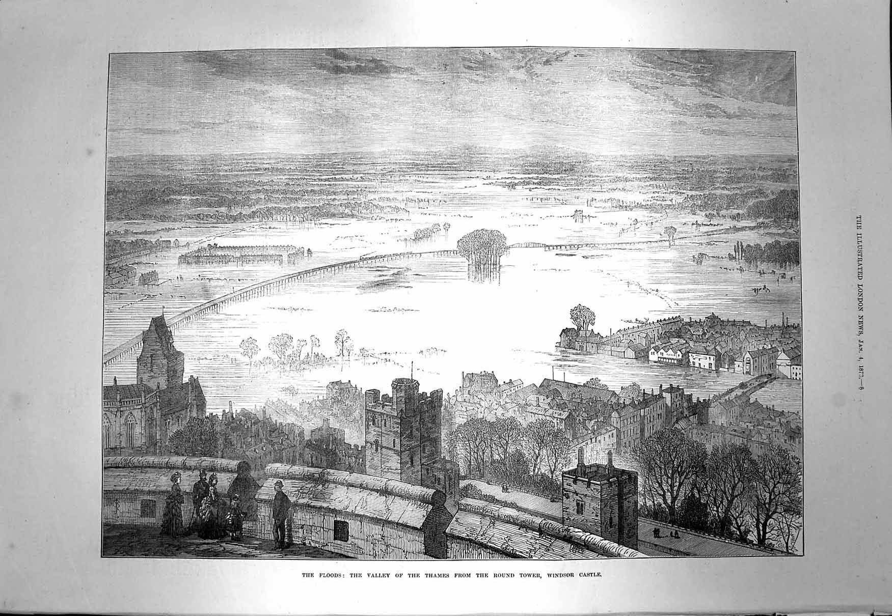 Old Antique Print 1873 Floods Valley River Thames Windsor Castle London 19th