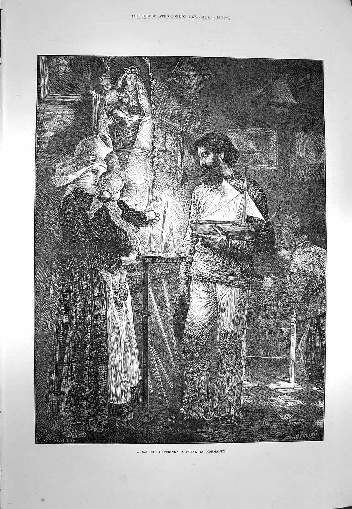 Original Old Antique Print 1873 Sailors Offering Normandy France Mother Baby