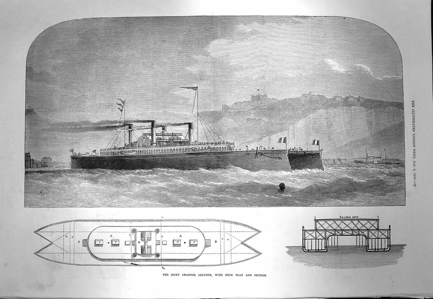 Original Old Antique Print 1873 Dicey Channel Steamer Ship Deck Plan Section