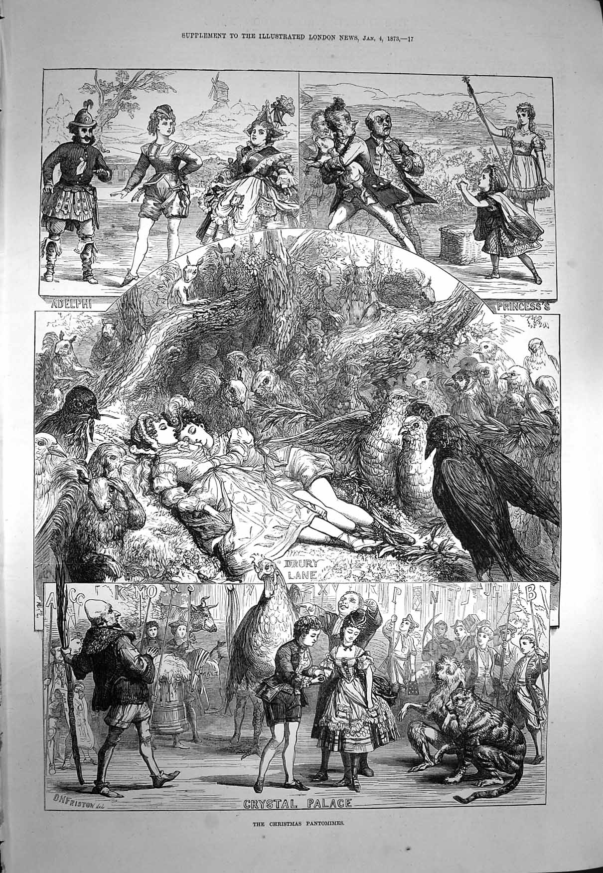 Original Old Antique Print 1873 Christmas Pantomimes Drury Lane Theatre Adelphi