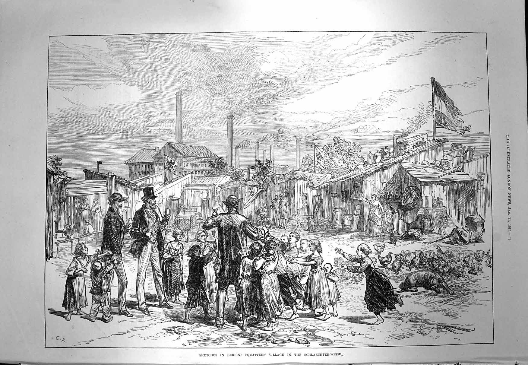 Original Old Antique Print 1873 Berlin Squatteres Village Schlaechter-Weise