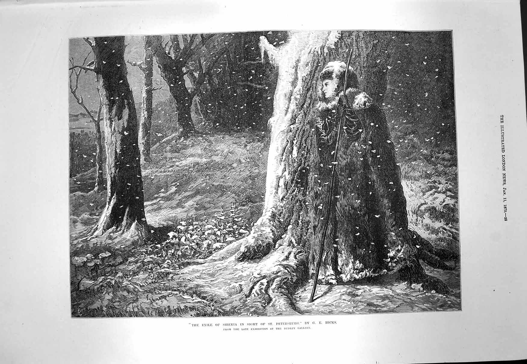 Original Old Antique Print 1873 Exile Siberia Petersburg Lady Fur Snow 19th