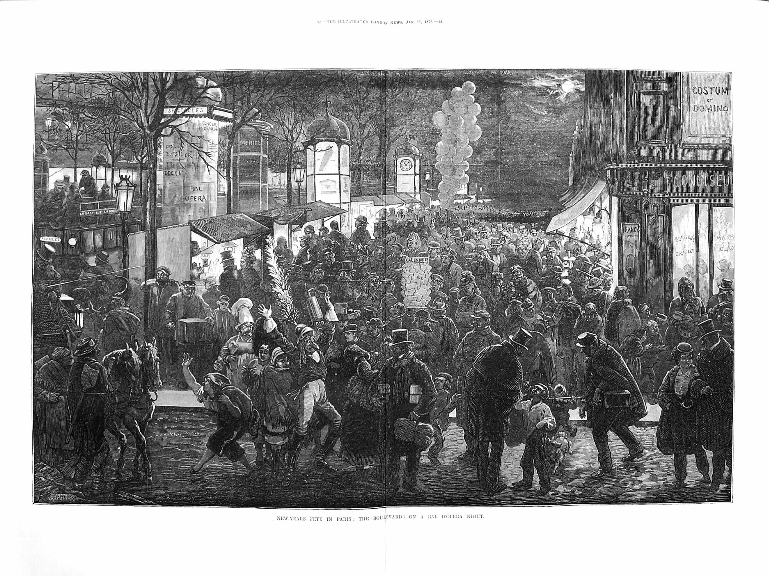 Old Antique Print 1873 New-Years Fete Paris Boulevards Bal D'Opera Night 0 19th