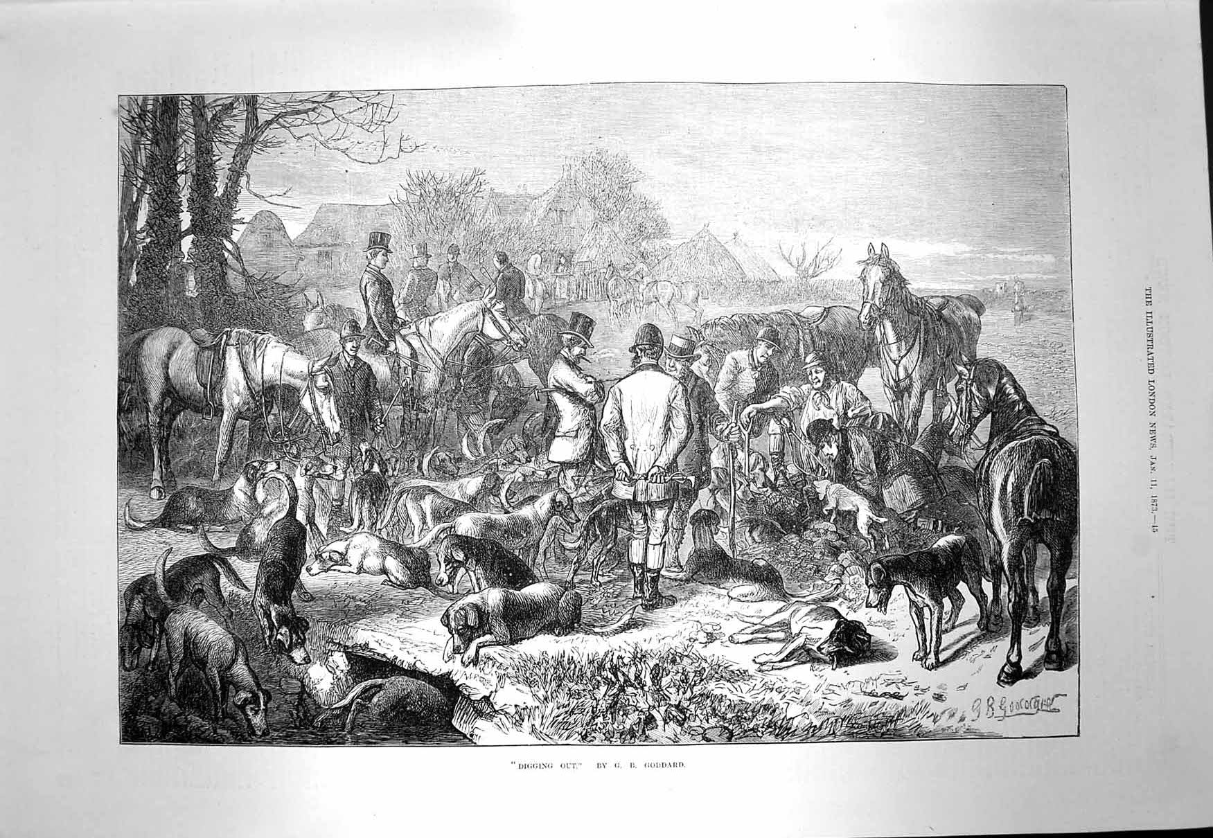 Old Antique Print 1873 Digging Out Fox Hunting Scene Hounds Horses Sport 19th