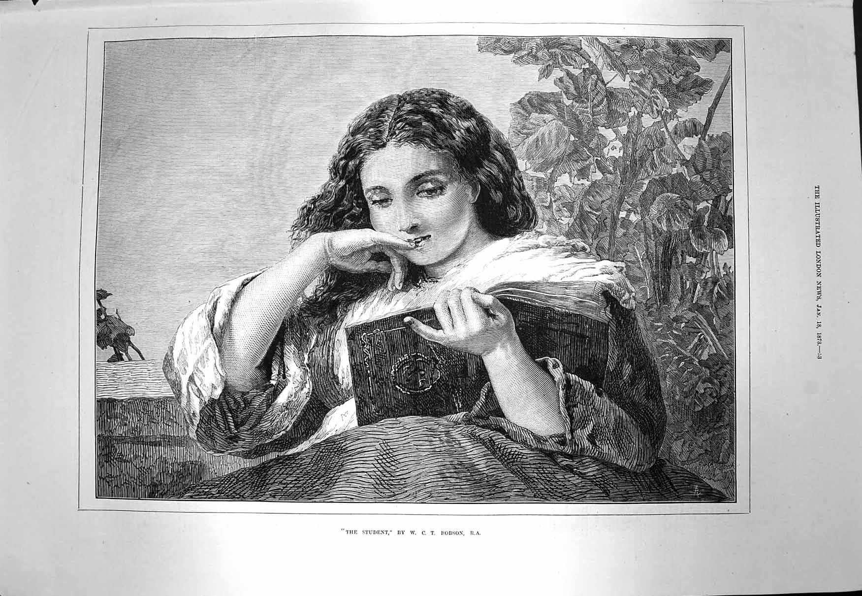 Original Old Antique Print 1873 Portrait Student Reading Book Dobson Victorian