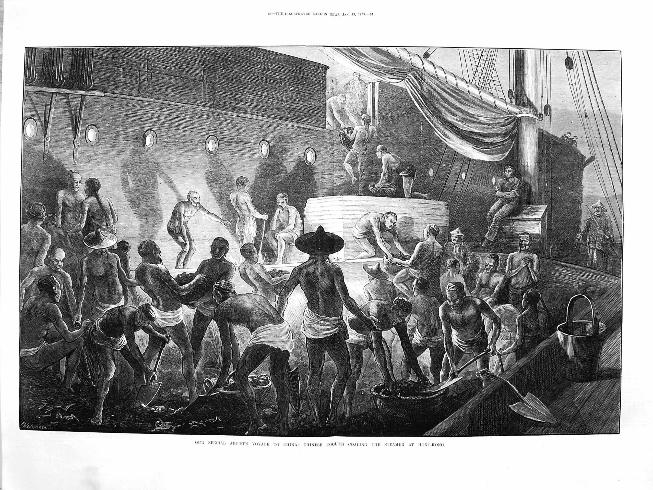 Original Old Antique Print 1873 China Chinese Coolies Coaling Steamer Ho 19th