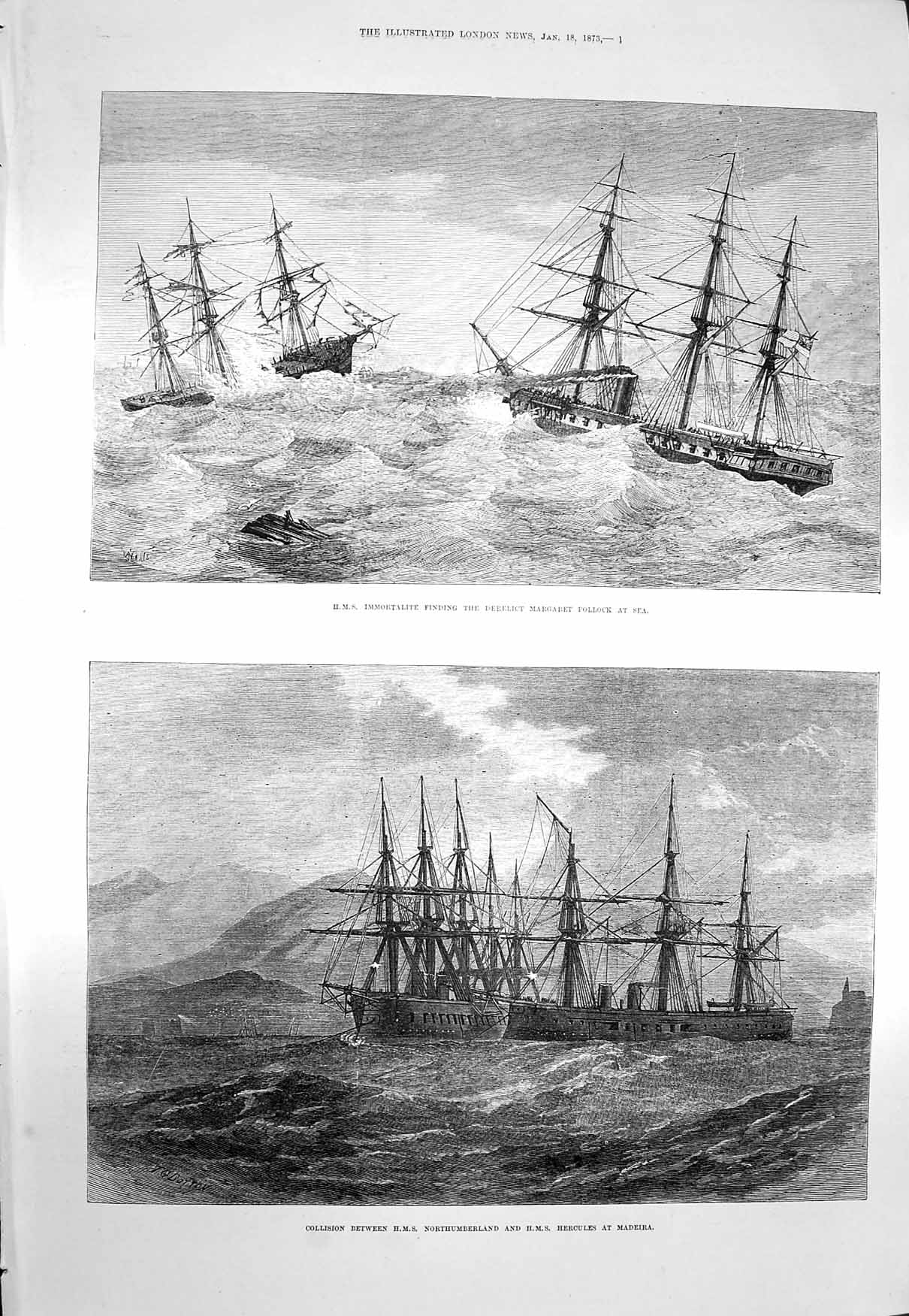 Original Old Antique Print 1873 Ship Immortalite Margate Pollock Northumberland