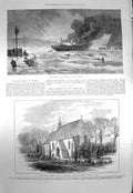 Old Antique Print 1873 Ship Wallace Fire Torbay Roman Church Chiselhurst 19th