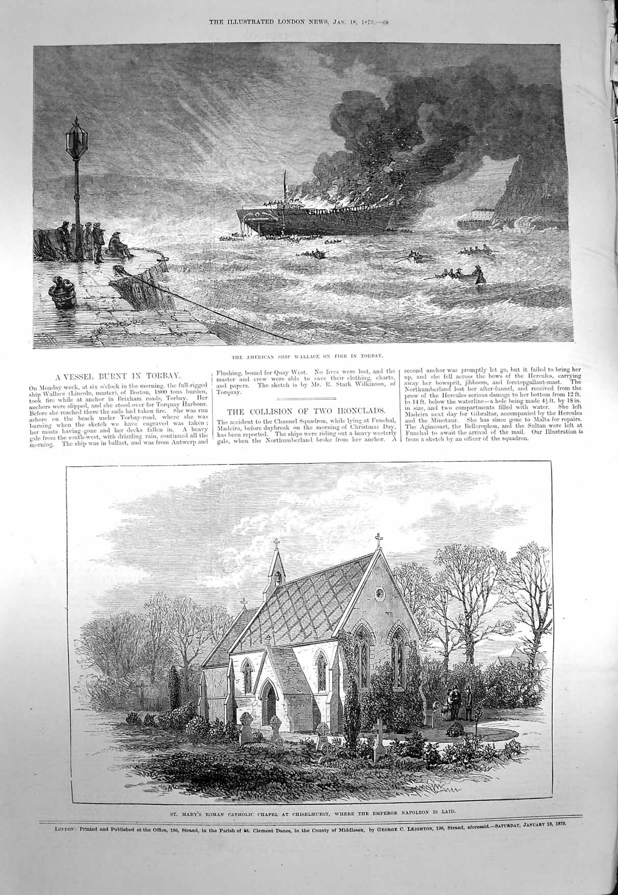 Old Antique Print 1873 Ship Wallace Fire Torbay Roman Church Chiselhurst 19th