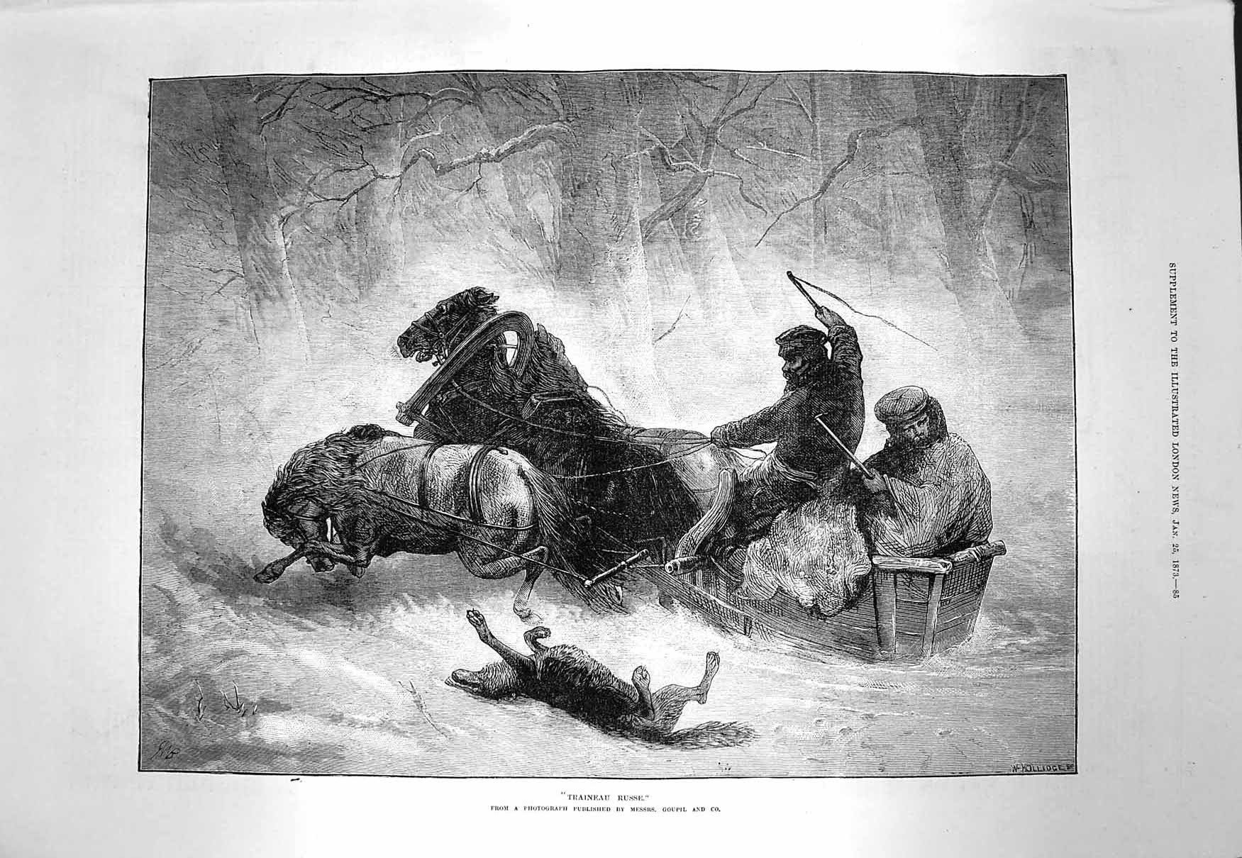 Original Old Antique Print 1873 Traineau Russe Horses Sledge Fine Art Victorian