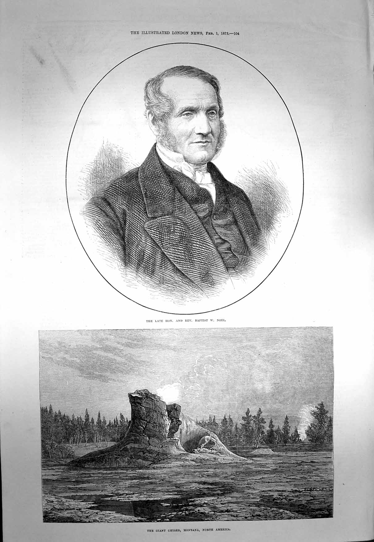 Original Old Antique Print 1873 Rev. Baptist Noel Geyser Montana North America