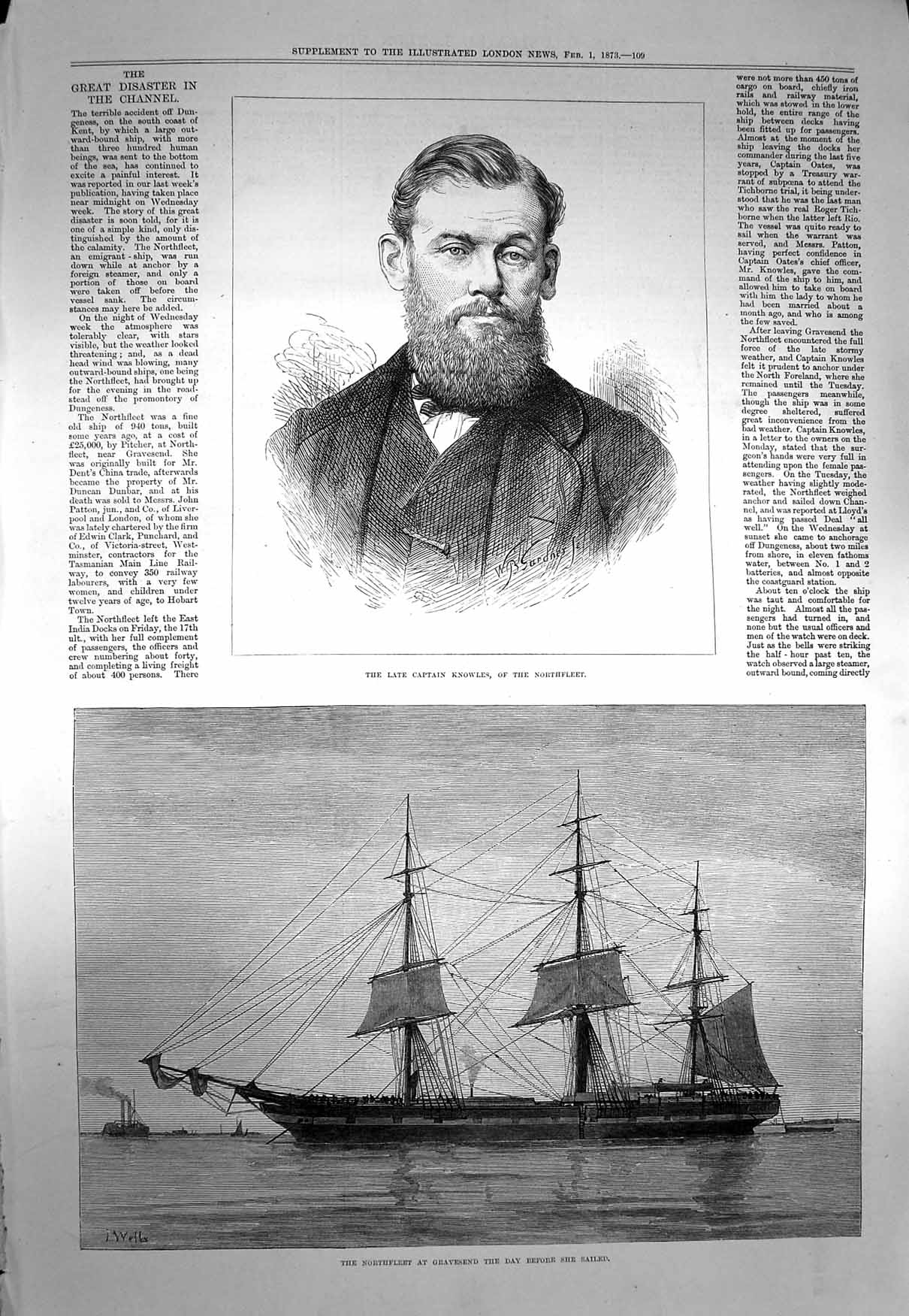 Original Old Antique Print 1873 Portrait Captain Knowles Northfleet Gravesend