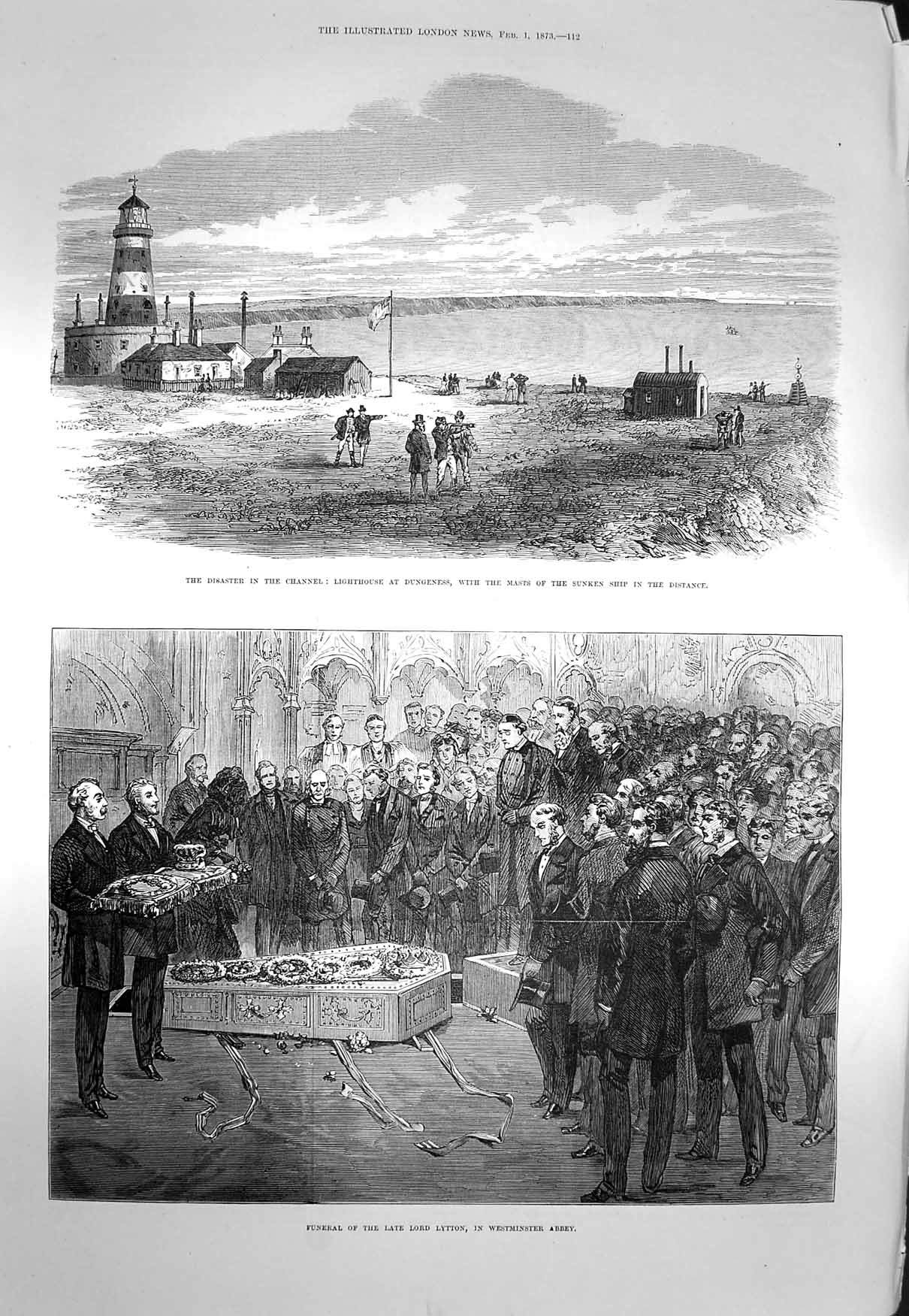 Original Old Antique Print 1873 Lighthouse Dungeness Funeral Lytton Westminster