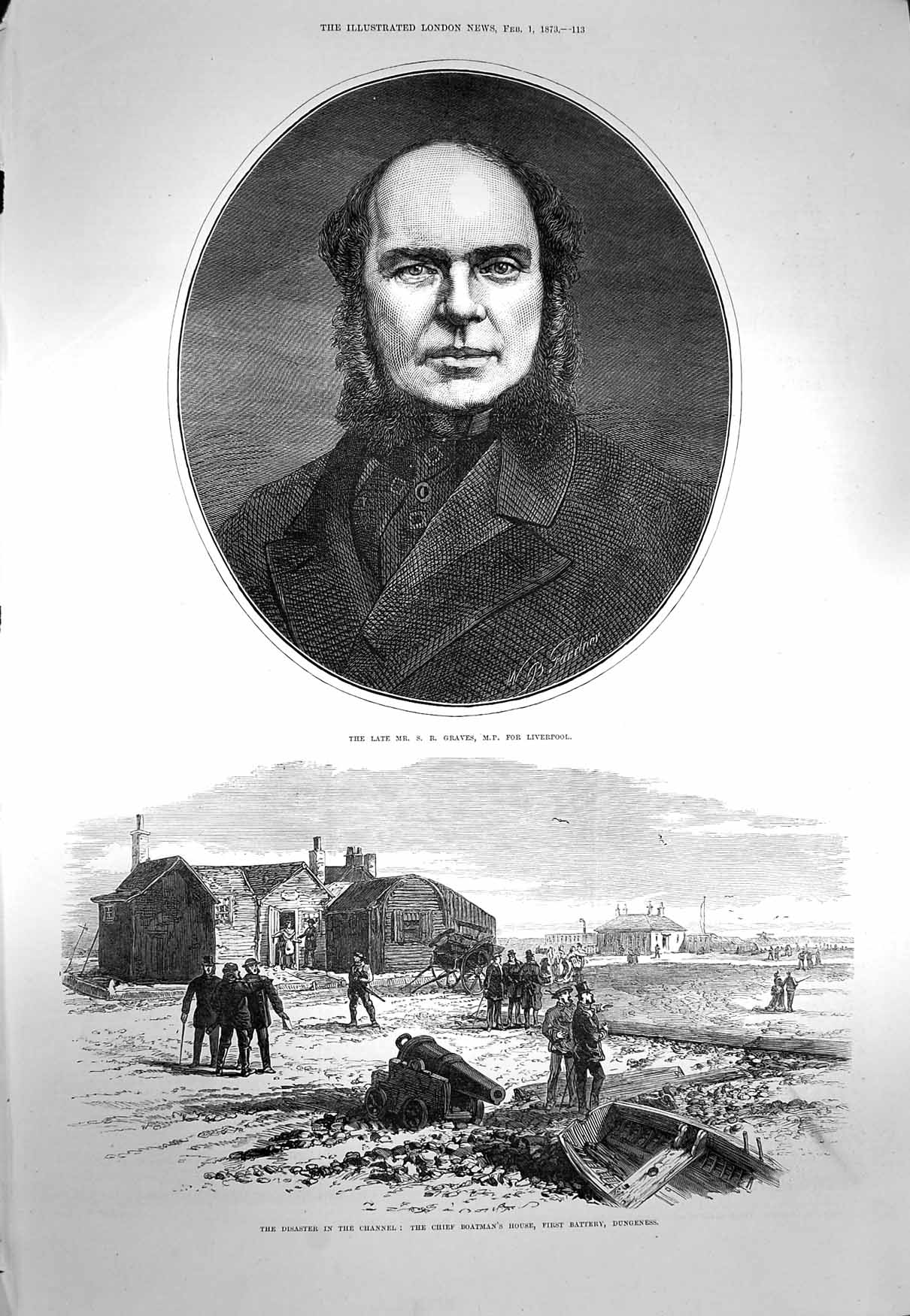 Original Old Antique Print 1873 Graves Liverpool M.P. Chief Boatman Dungeness
