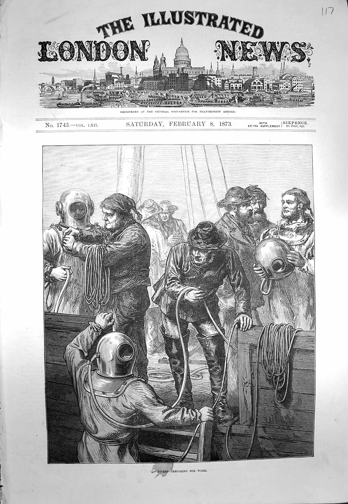 Original Old Antique Print 1873 Scene Divers Prepairing Work Ship Divin 19th